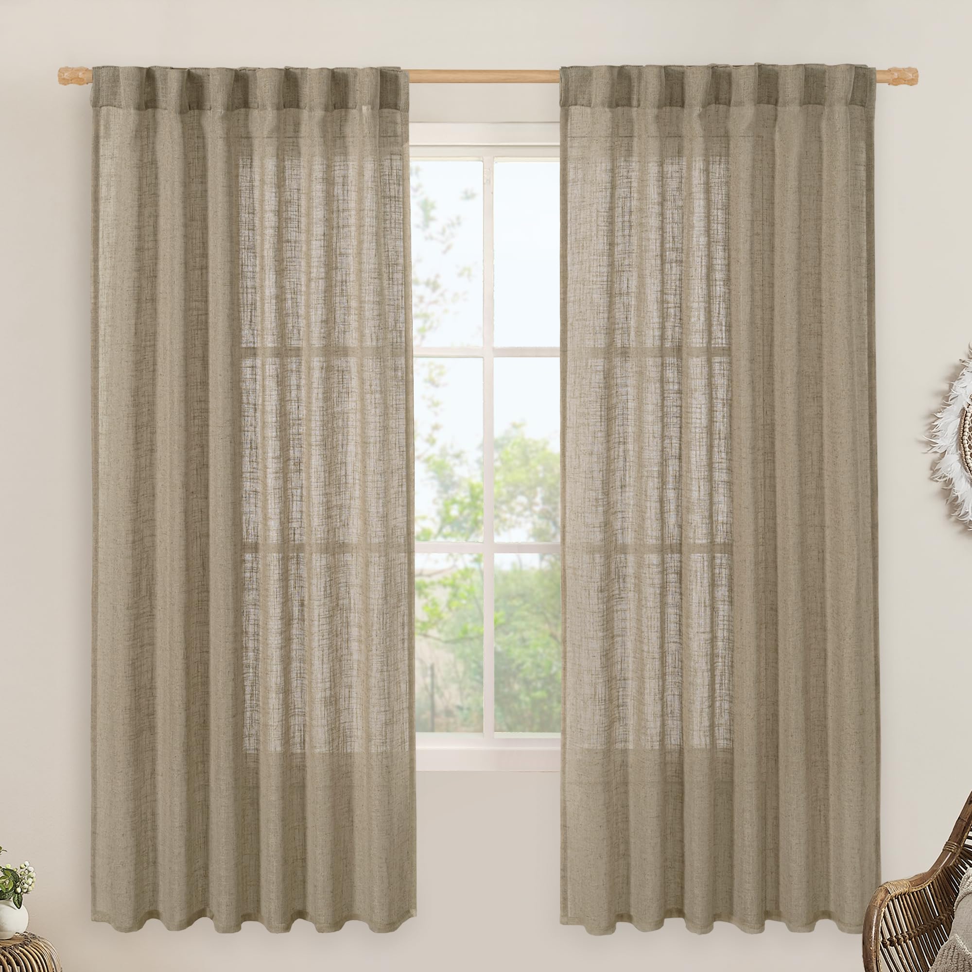 LAMIT Taupe 72 inch Linen Curtains for Living Room 2 Panels, Linen Textured Light Filtering Semi Sheer Back Tab and Rod Pocket Curtain Panels for Bedroom/Farmhouse, 52 x 72 Inch