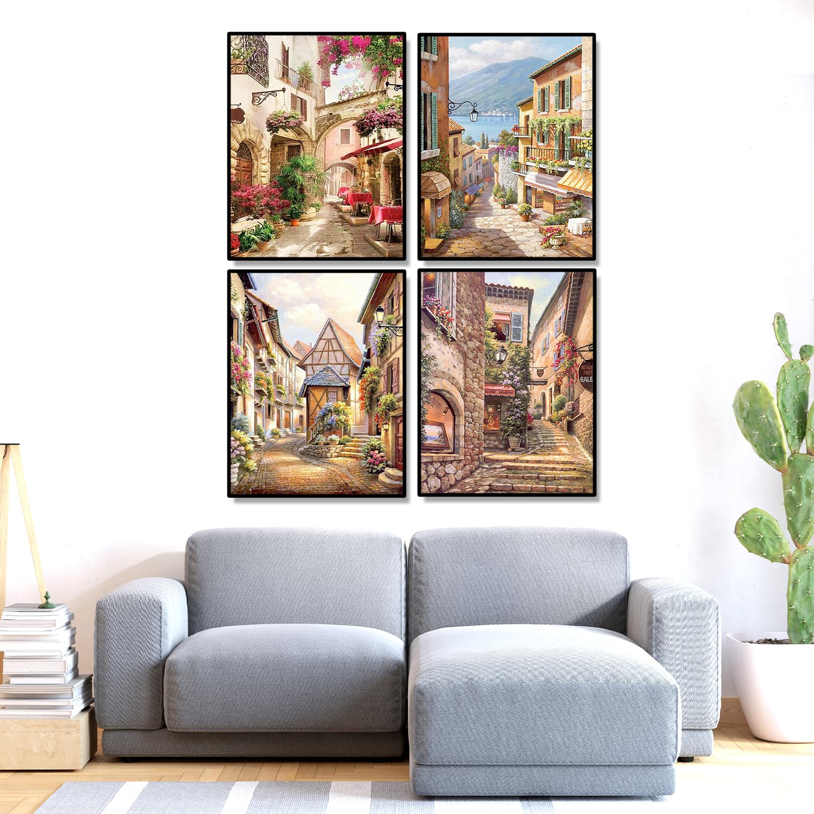 SHEGZHUC Set di 4 quadri diamantati 40 x 50 cm 5D - pittura con diamanti con fiori rossi, sedie da tavolo e paesaggi al mare - galleria