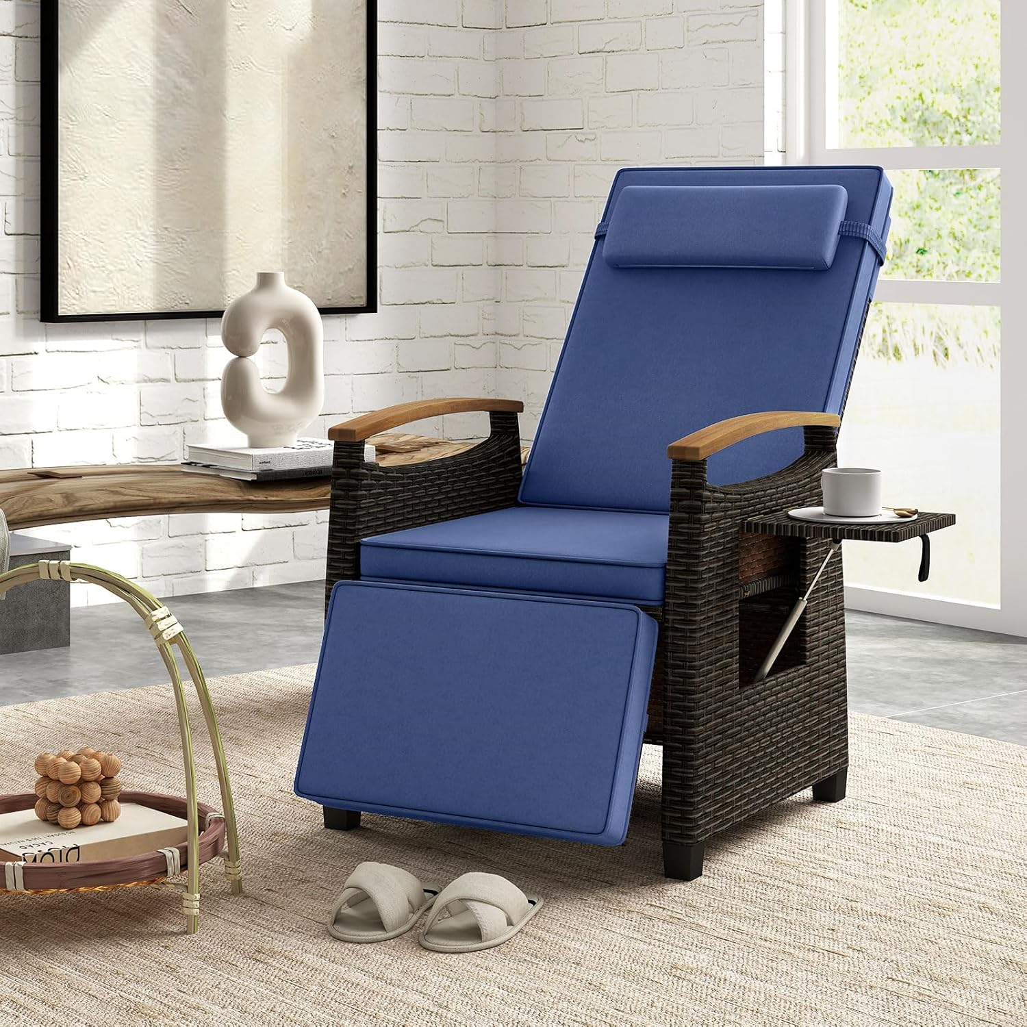 LDAILY Moccha Wicker Outdoor Recliner Chair - Rattan Lounge Chair with Adjustable Backrest & Footrest, Flip Side Table, Cushion, Push Back Reclining Seat for Pool Yard Patio Porch Balcony (Navy)