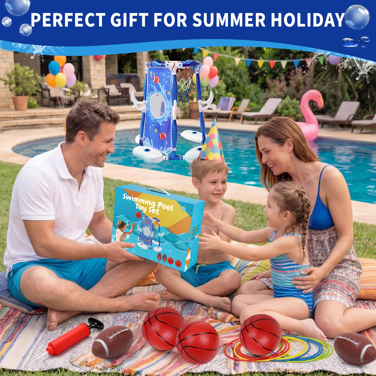 3-in-1 Schwimmender Pool Basketball Hoop Spielzeug Set mit Wasserfußball & Ringwurfspiel - Enthält 3 Basketbälle, 2 Fußbälle & 12 Ringe - Ultimatives Poolspielzeug Geschenk Kinder & Erwachsene