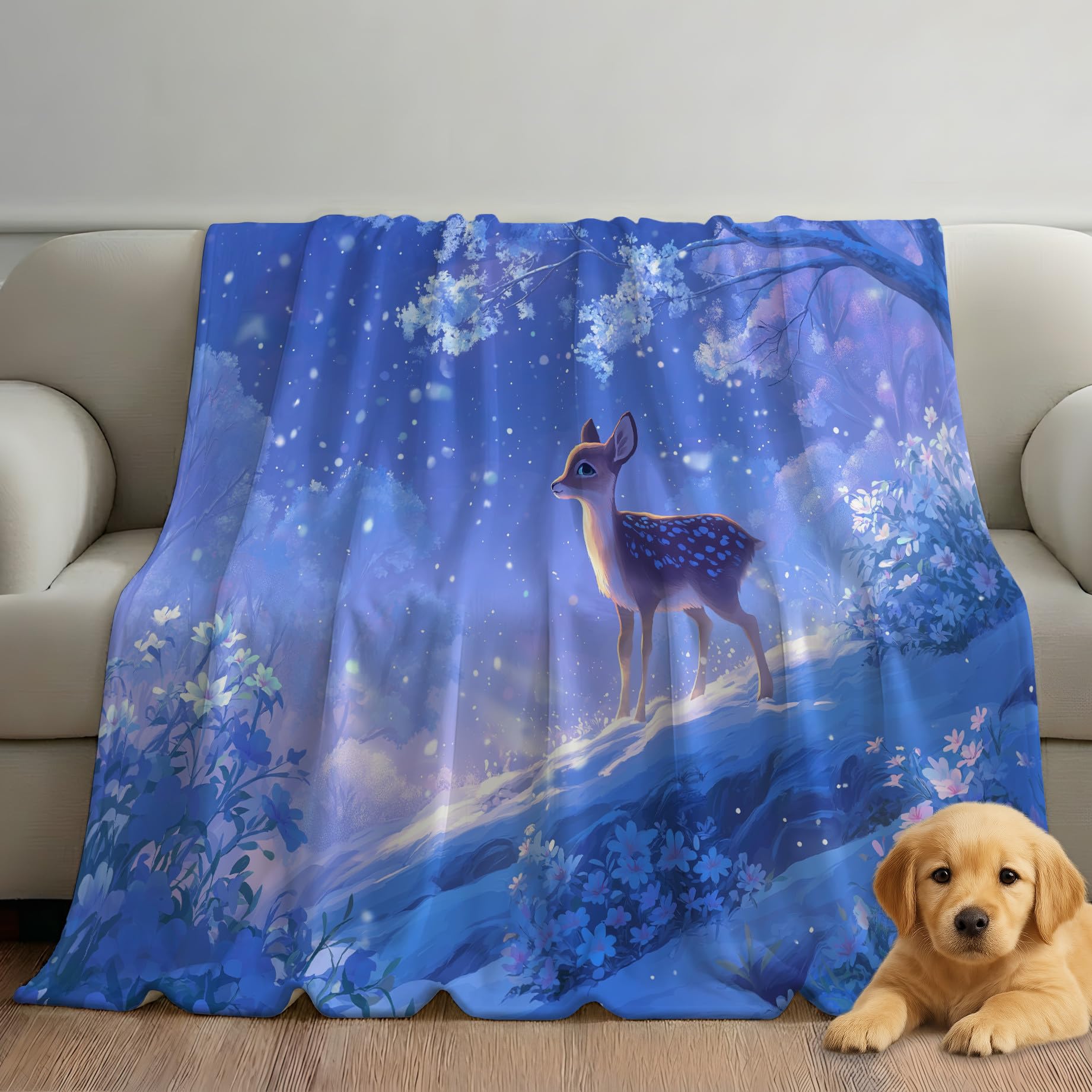 Genérico Lodowy niebieski miękki puszysty koc, flanelowy ciepły koc polarowy z nadrukiem, anime marzony jeleń gruby przytulny lekki koc na łóżko sofa krzesło 220 x 270 cm