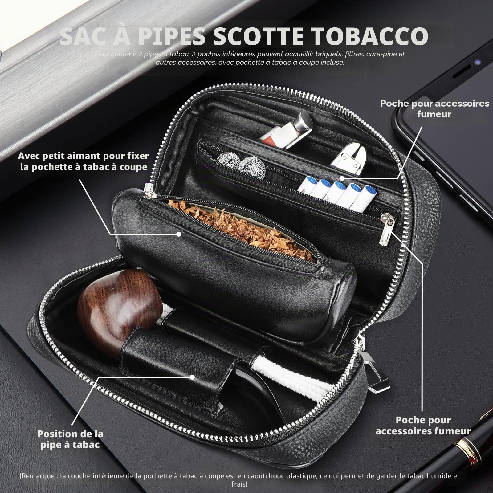 Scotte Pipe à tabac en cuir de poirier, accessoires pour pipe à tabac (racloir/support/élément filtrant/boule filtrante/petit sac/boîte) (noir 2)