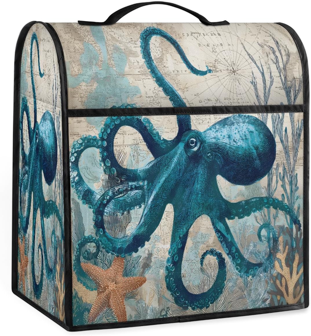 Vintage Ocean Octopus Kitchen Aid Mixer Cover with 4 Pocket Stand Mixer Dust Cover Compatible with 5-8 Quart Fits All Tilt Head & Bowl Lift Models, for Kitchen Aid Accessories And Attachments,A-13