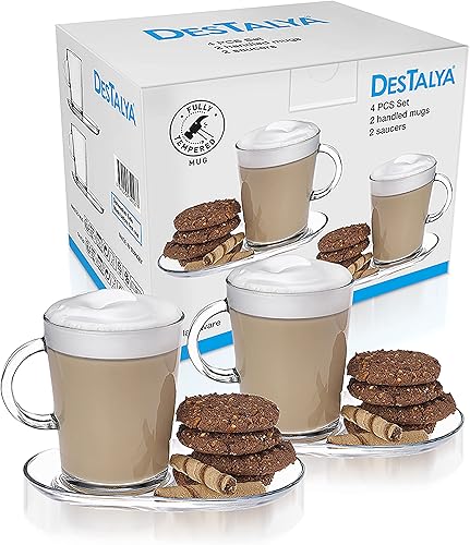 Miniatura 6 de DESTALYA Juego de tazas de café con asas y platillos | Tazas de vidrio transparente con mango de 13.52 onzas para bebidas calientes bebidas frías |