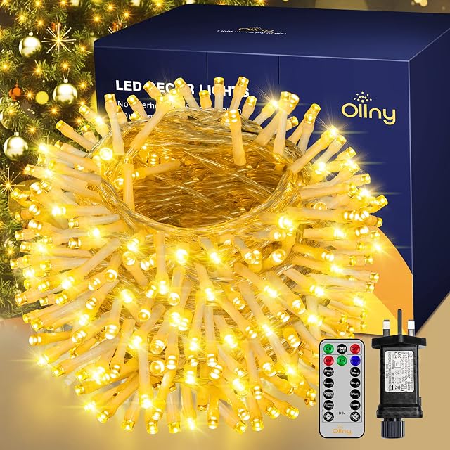 Ollny Christmas Tree Fairy Lights - 60m 600 LED Christmas Decorations Lights Plug in Waterproof, 8 Modes/Remote/Timer Outdoor Christmas Lights, Outside/Indoor Warm White Xmas Lights Mains Powered