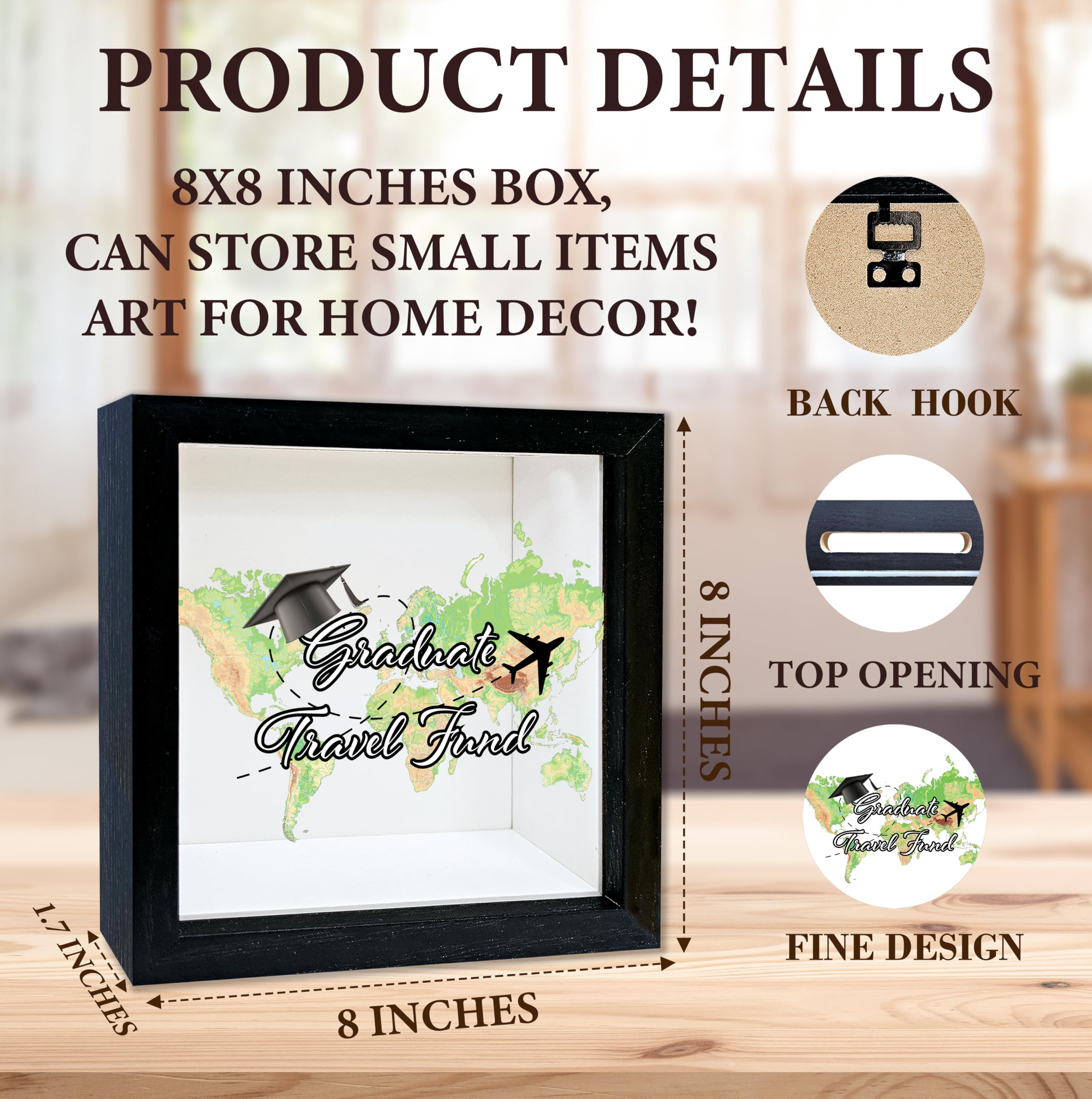 Shadow Box with Slots, Graduate Travel Fund Boxes Frame 8x8 Inches Decorations for Home Graduation Party, Keep Sake Box for Memories, Graduation Gifts for Graduates, Shadow Boxes Display Cases -27