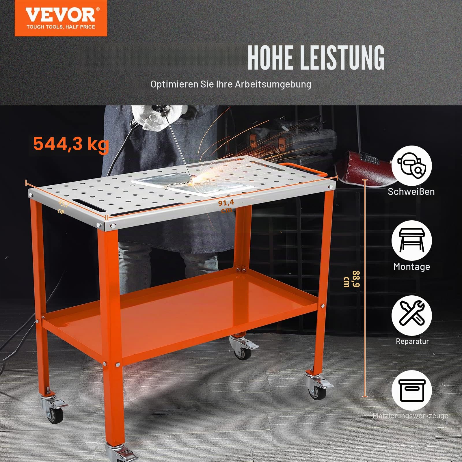 VEVOR Mobiler Schweißtisch 91,4x45,7cm Schweißwerkbank 544kg Tragfähigkeit Lochtisch 94 Löcher (φ 1,6cm) Werkbank Kohlenstoffstahl Arbeitstisch Schweißwagen mit Rädern 4 Werkzeugschlitzen