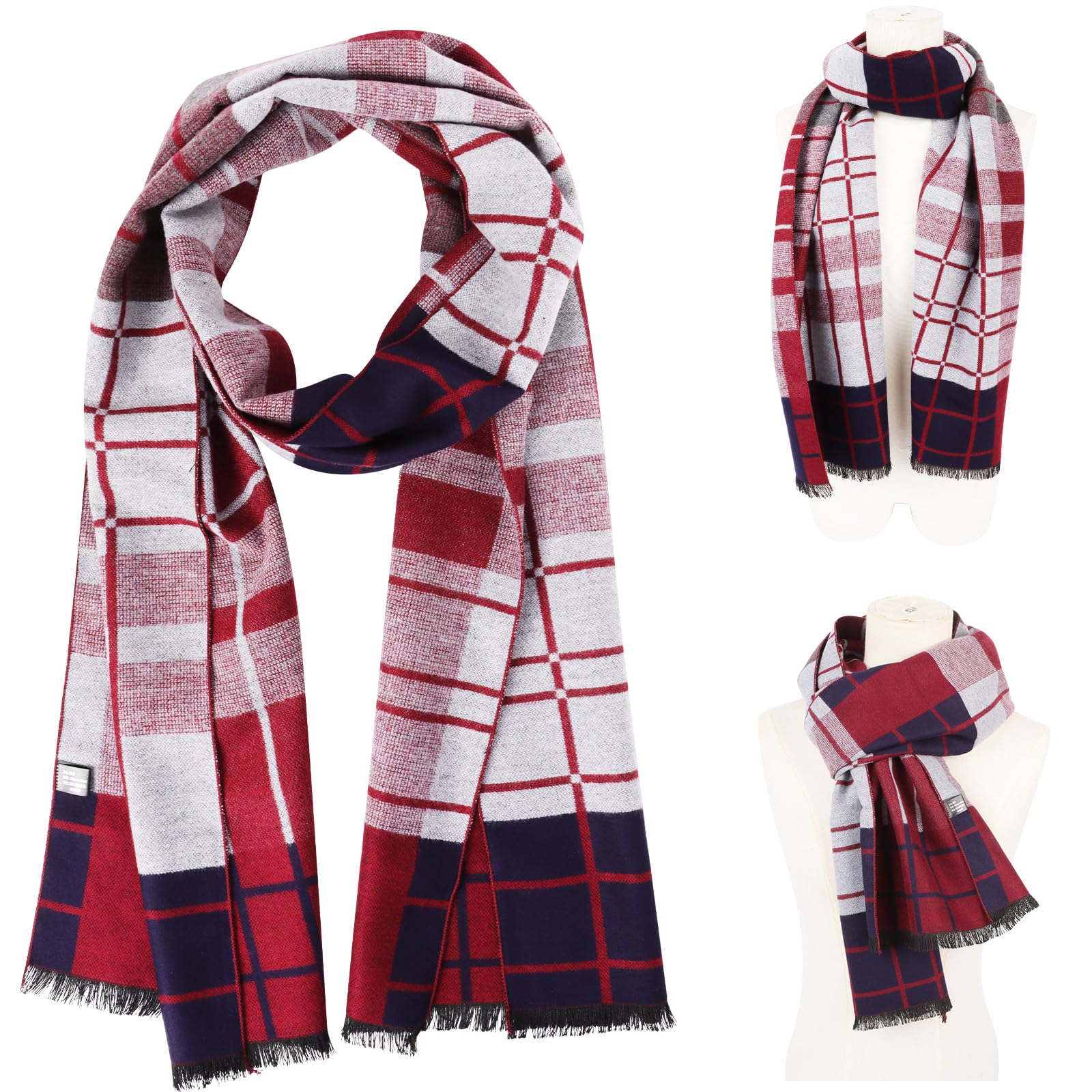 CreaherMen's Cashmere Wool Touch Scarf, 70in x 12in, Warm Knitted Wool Plaid Scarf For Autumn Winter Sports Running Driving