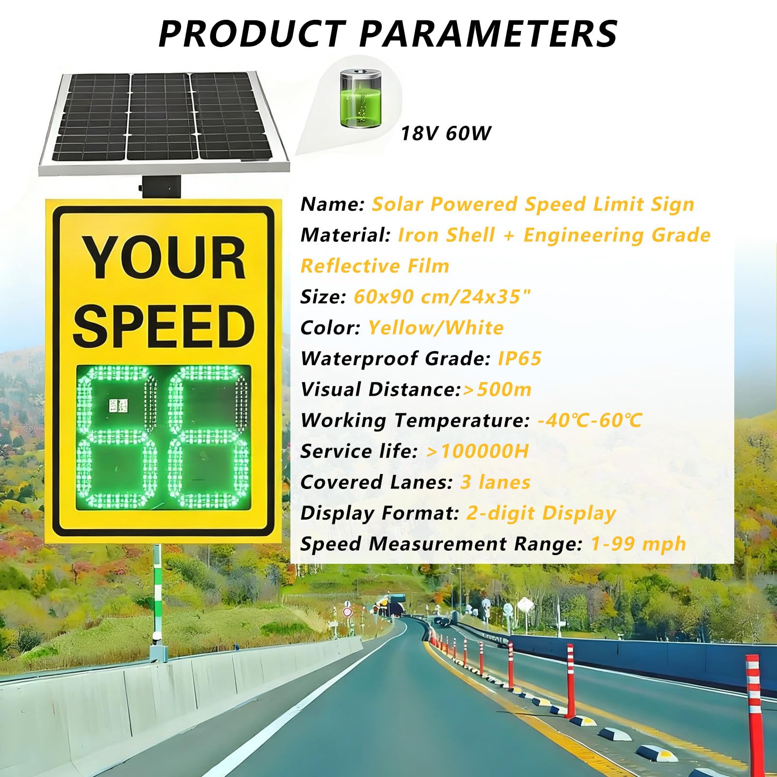 SeñAl De Velocidad Solar con Radar De 61 X 89 Cm, Detector De LíMite De Velocidad para Seguridad Vial, Alerta Roja De Exceso De Velocidad Y Alta Visibilidad Yellow