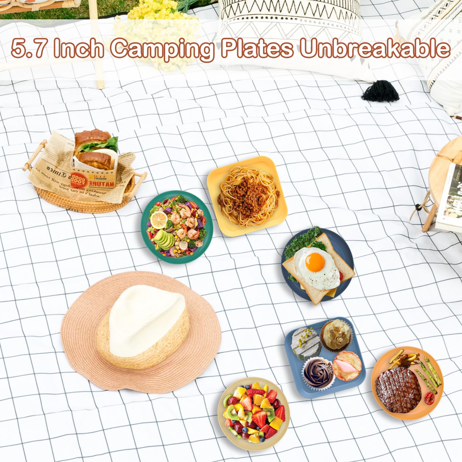 16 Pz Piatti Plastica Rigida Lavabili, Piatti Campeggio 5.7 Inch con Porta Piatti, Piatto Dieta Porzioni Adulti/Bambini, Infrangibile Piatti di Plastica per Pizza,Pasta,Torte,Insalata,Picnic