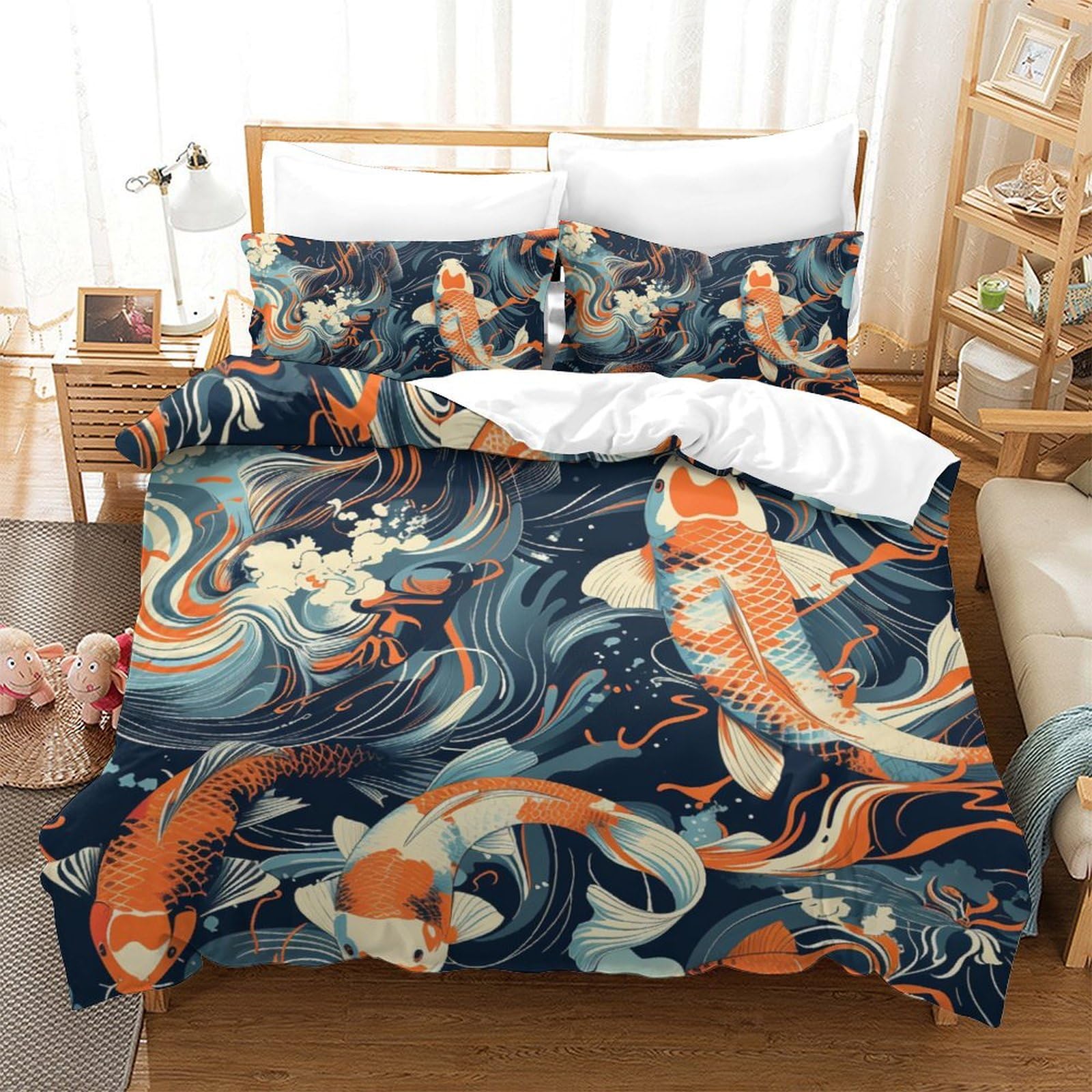 Parure de lit carpe Koï 3D avec housse de couette 220x240 cm et taies