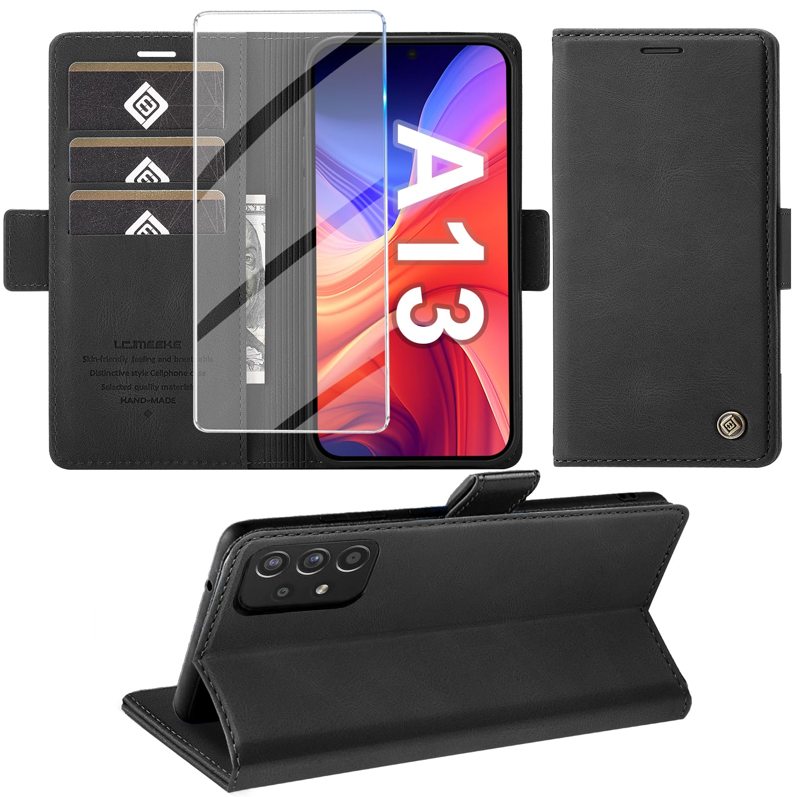 Giyer Handyhülle für Samsung Galaxy A12/A13/A14/A15/A16/A17 Hülle mit Schutzfolie, Schutzhülle PU Leder Wallet Flip Case Standfunktion Kartenfach Stoßfest Klapphülle