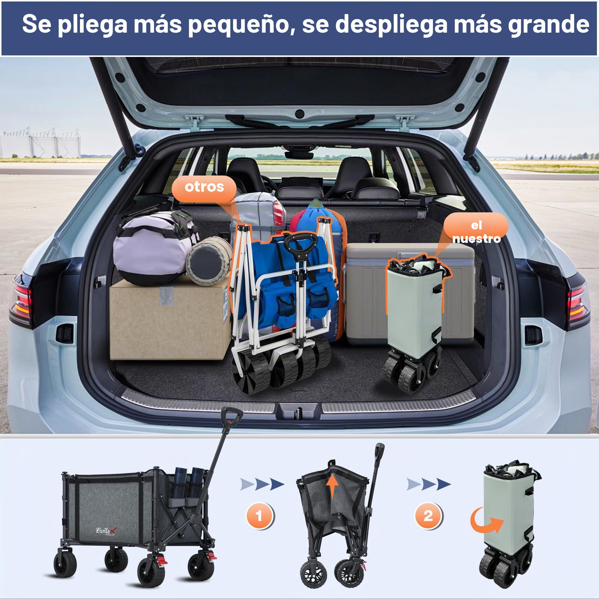 COMLAX FIELD Carro plegable con ruedas grandes para todo terreno, 120 l, 100 kg, plegable, con frenos, carrito de playa, para playa, jardín, camping, compras, color gris