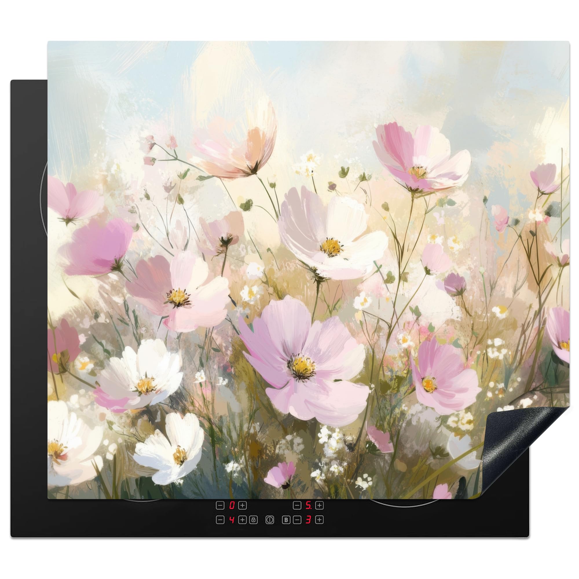 KitchenYeah© Induction Hob Cover Protector Mat 20.1"x23.2" / 59x51 cm Kitchen Universal Ceramic Covers for Electric Cookers Vinyl Field of Flowers - Light Shades - Painted — image 1