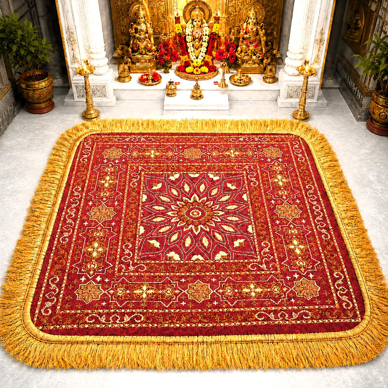 Premium Prayer Mat/Aasan for Puja & Meditation | Soft Velvet Touch Cushioned Pooja Mat with Tassels | Washable Floor Rug for Mandir, Yoga, Sitting Mat | 24 x 24 inches (RED)-image-17