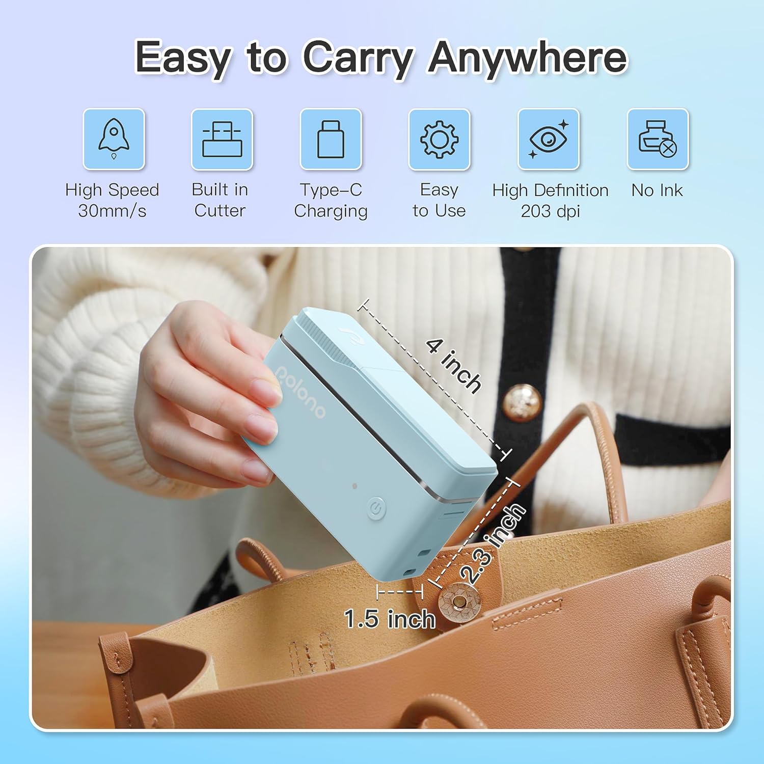 POLONO P31S label printer showing its compact size and dimensions