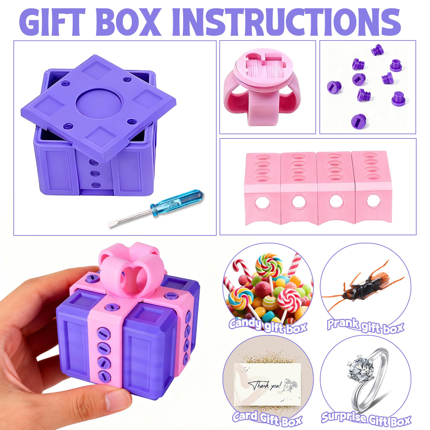 Annoying Gift Box, 3.14in Prank Gift Box, 3D Printed Gift Box with Screws, Surprise Funny Money Present Box for Kids, Novelty Gift Boxes for Birthday Valentines Party Favors (Pink Purple)