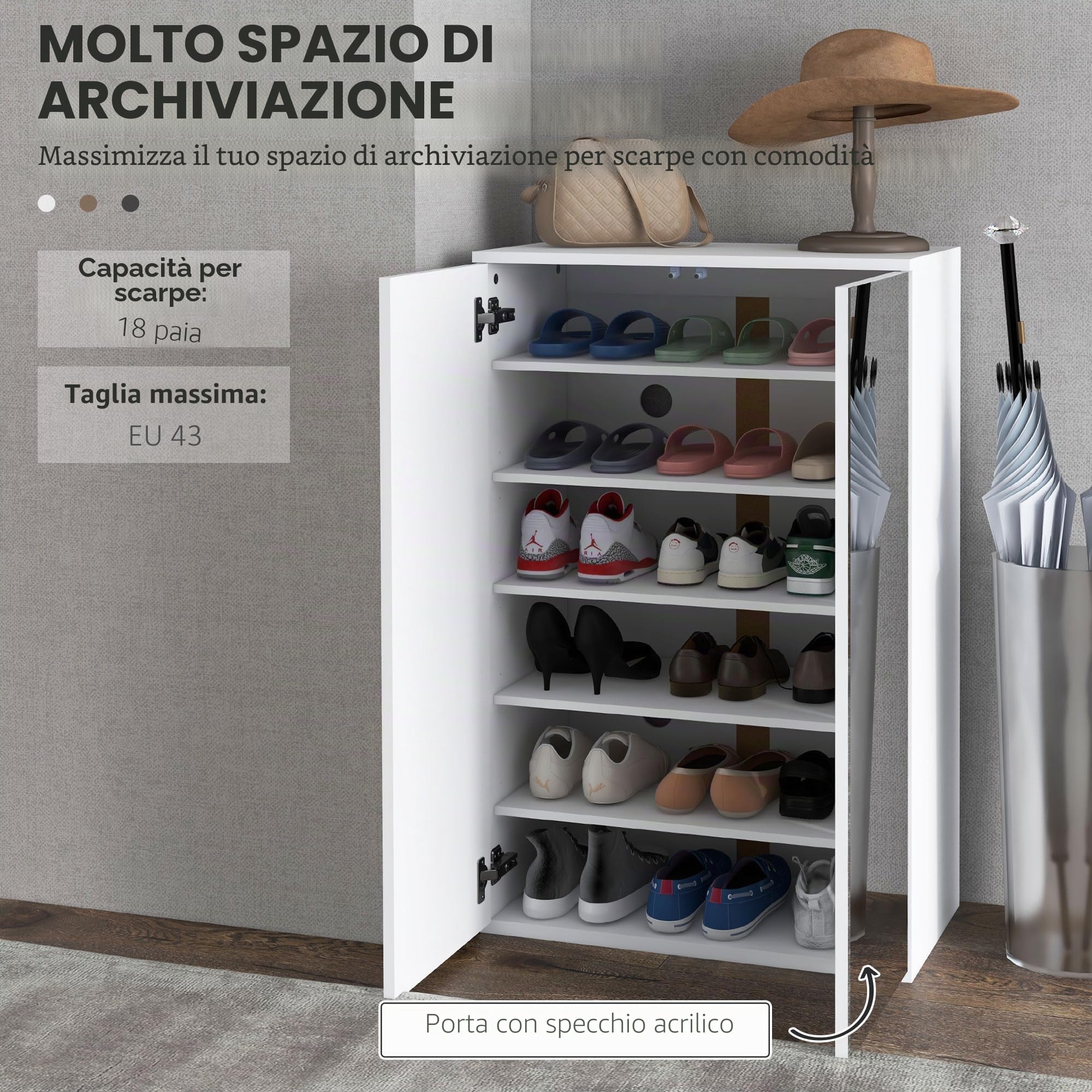 HOMCOM Armadietto per scarpe con specchio 60x32x95 cm Bianco | 18 paia di scarpe, 5 ripiani regolabili, per ingresso