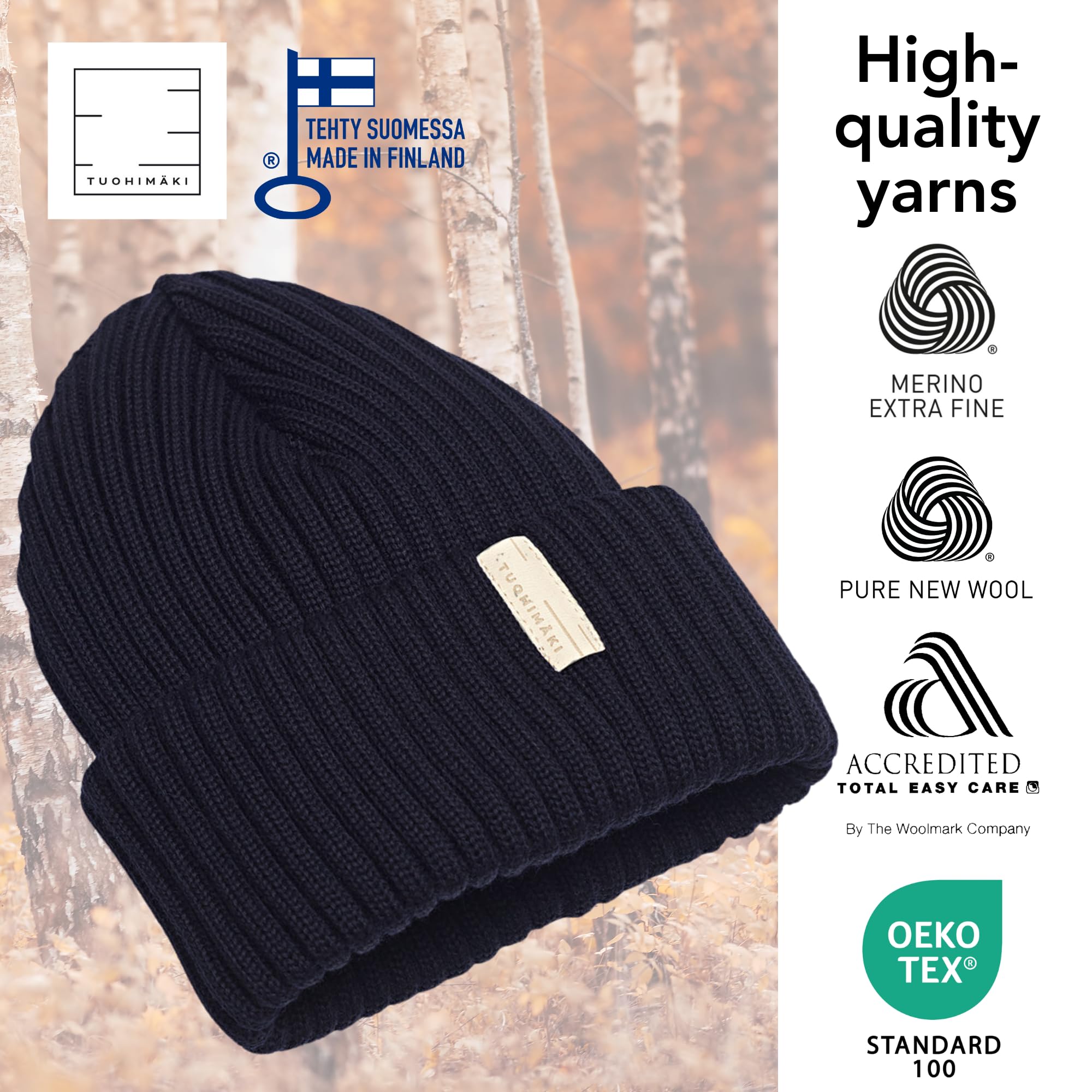 Gorro de Lana Merino para Mujer, 100% Lana Merino Extrafina, sin Mulesing – Fabricado en Finlandia – Azul Oscuro, Talla Única – Gorro de Invierno Suave y Transpirable