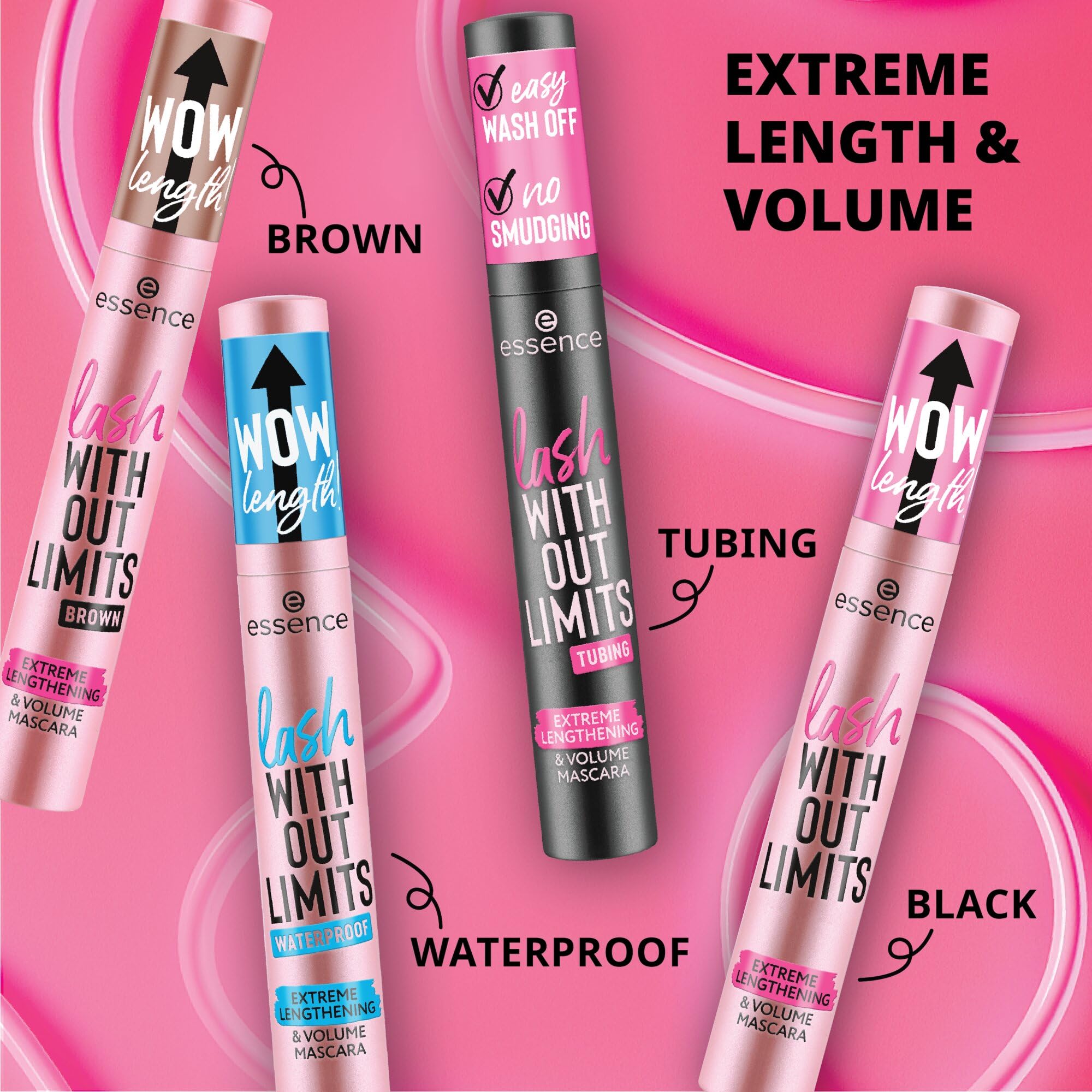 essence lash WITHOUT LIMITS EXTREME LENGTHENING & VOLUME MASCARA, lunga durata, volumizzante, ultra nero, allungamento (13ml)