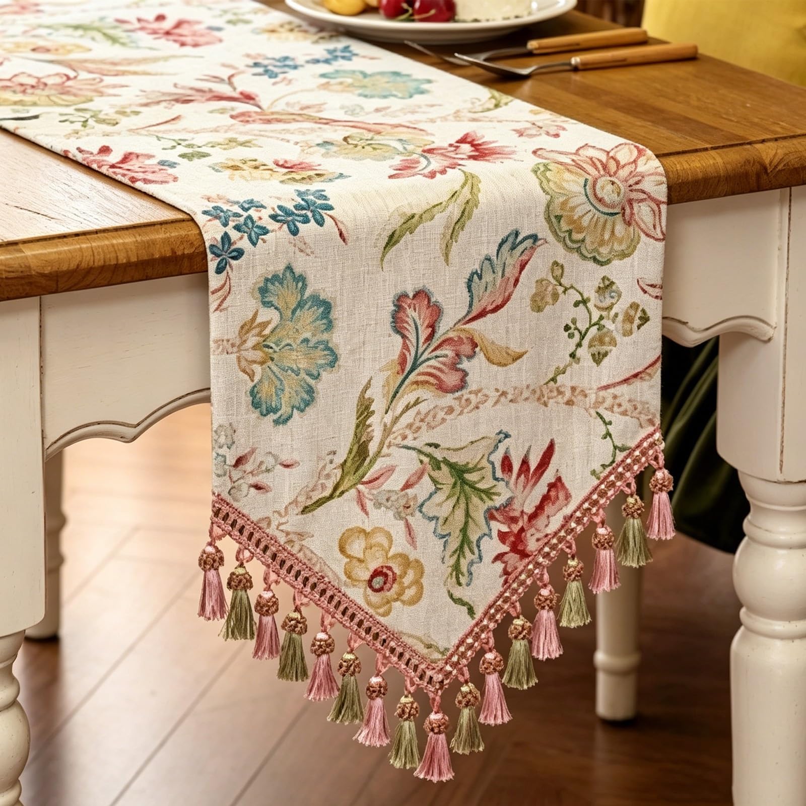 Table Runner with Tassels, Double-Layered Decorative Table Runner with Vintage-Style Print for Living Room, Kitchen and Bedroom Décor(140cm/55.1in)