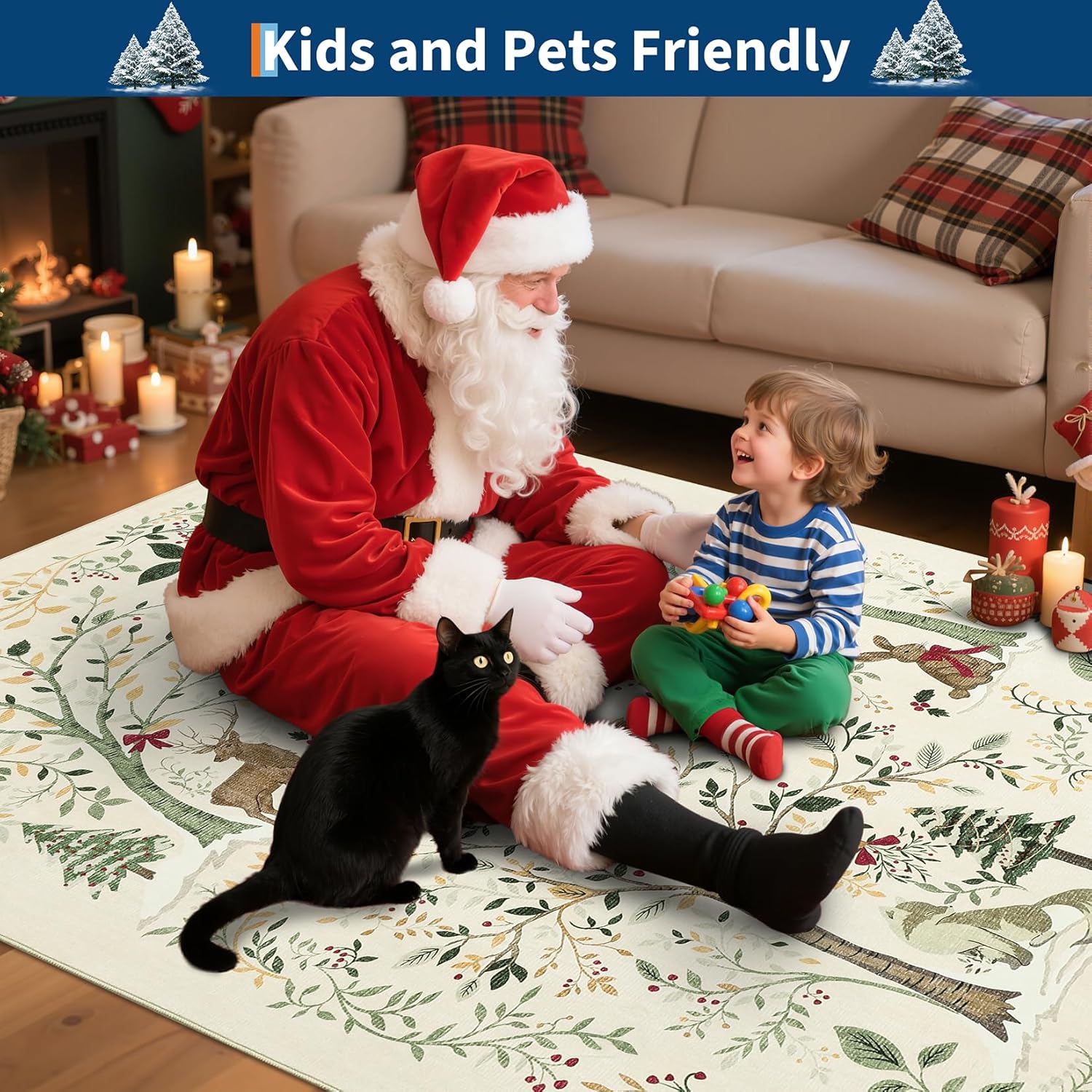 GarveeHome Christmas Area Rug 5x7, Christmas Forest Beige Rugs for Dining Room Floor mat Under Table with No-Slip Backing Animal Print Soft Holiday Carpet for Bedroom Nursery Festival Decor