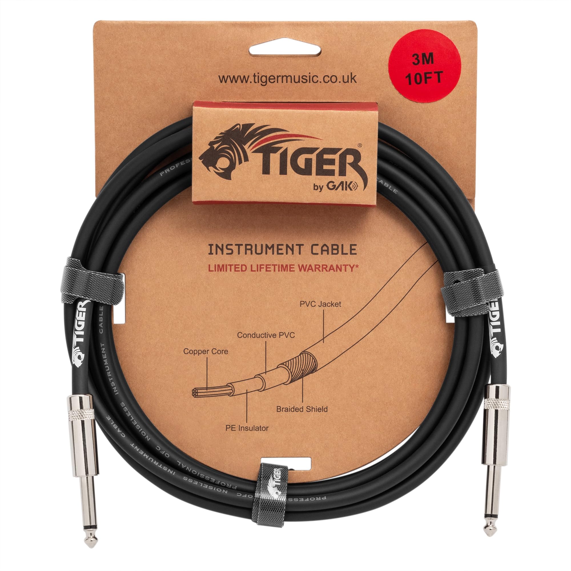 Tiger 3m (10ft) Guitar Instrument Cable – 1/4” Mono Jack to Jack Lead, Copper Connectors, Shielded Low-Noise Cable for Electric Guitar, Bass, Keyboard, Amp
