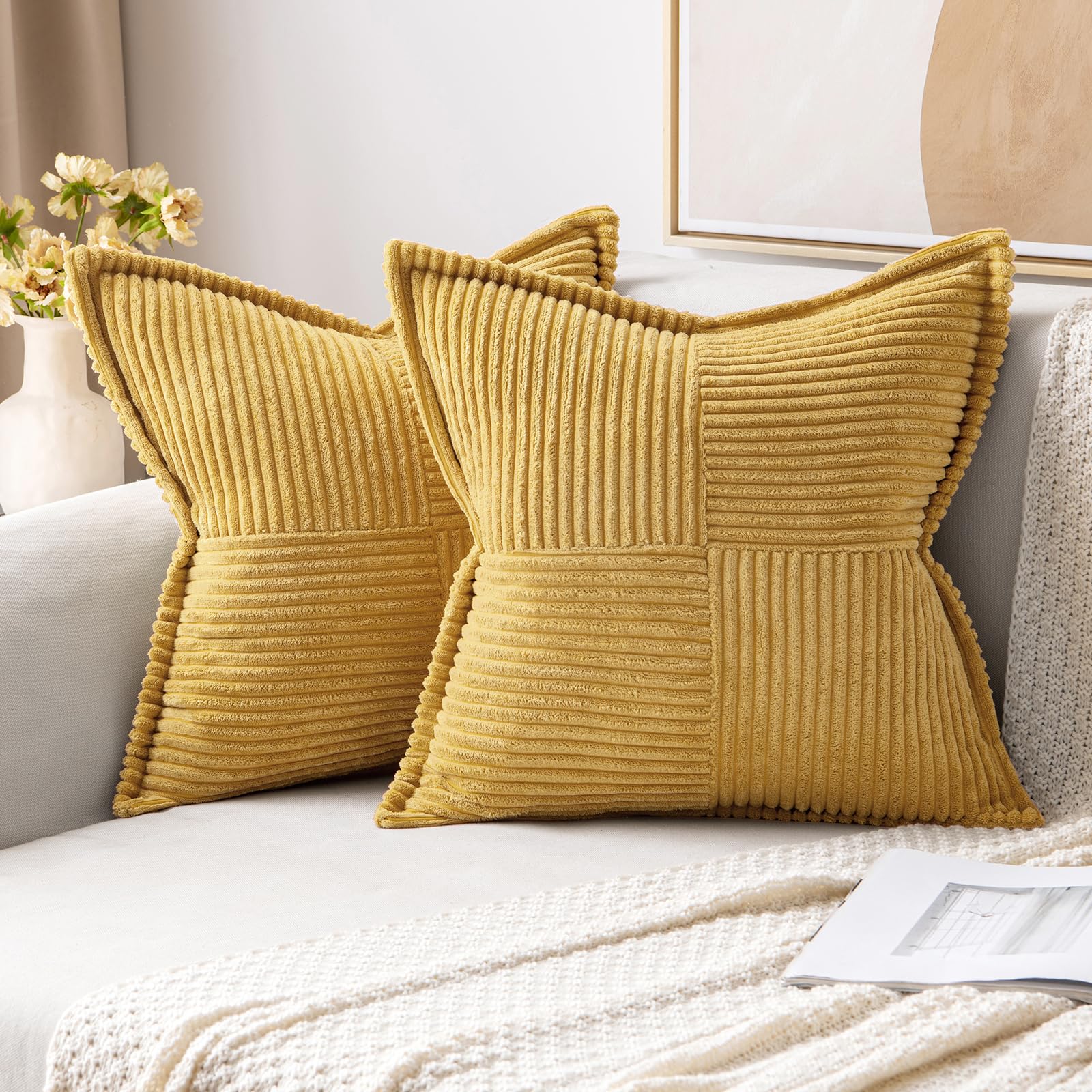 MIULEE Decorative Throw Pillow Covers for Couch 20x20 Inch Gold 2 Pack | Boho Broadside Striped Patchwork Pillow Covers, Soft Corduroy Cushion Cases, For Sofa Bed Livingroom Home Decor