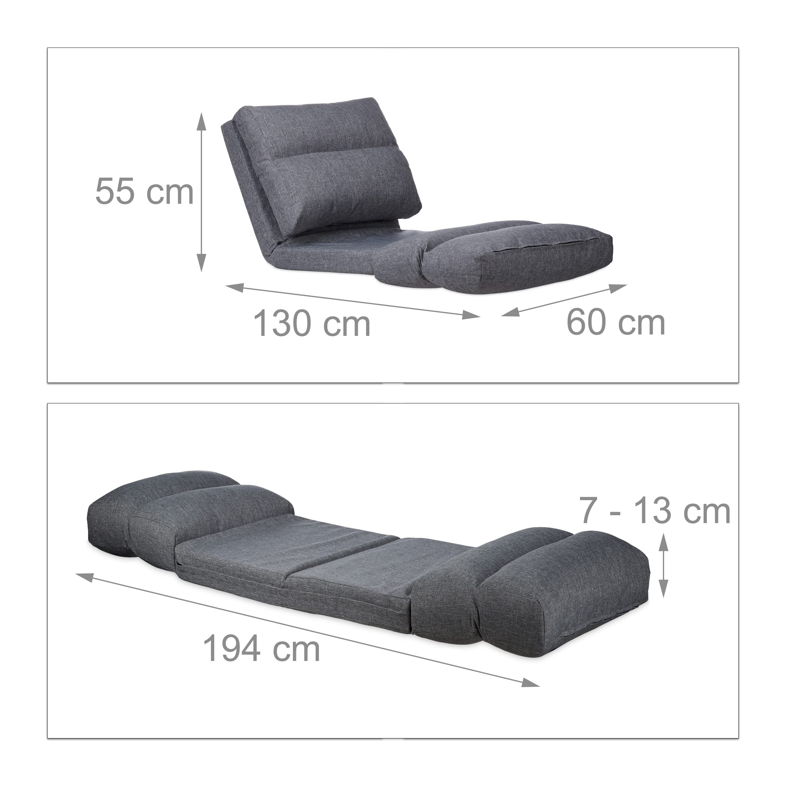 Relaxdays Silla Suelo, Lectura, Meditación, Sillón Cama, Colchón Plegable, Sillón Puff, Poliéster-DM, 194 cm, Gris