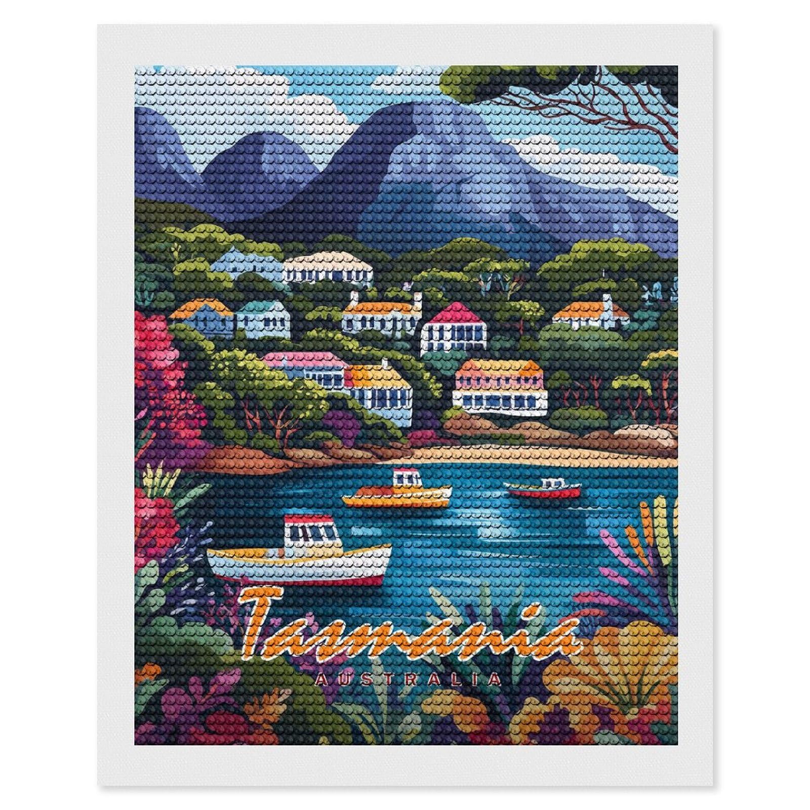 Junmoney Tasmania Coastal Village Round Drill Diamond Painting 16"x20", for Craft Lovers, Stress Relief Craft, Bedroom Decor, Festive Craft Gift