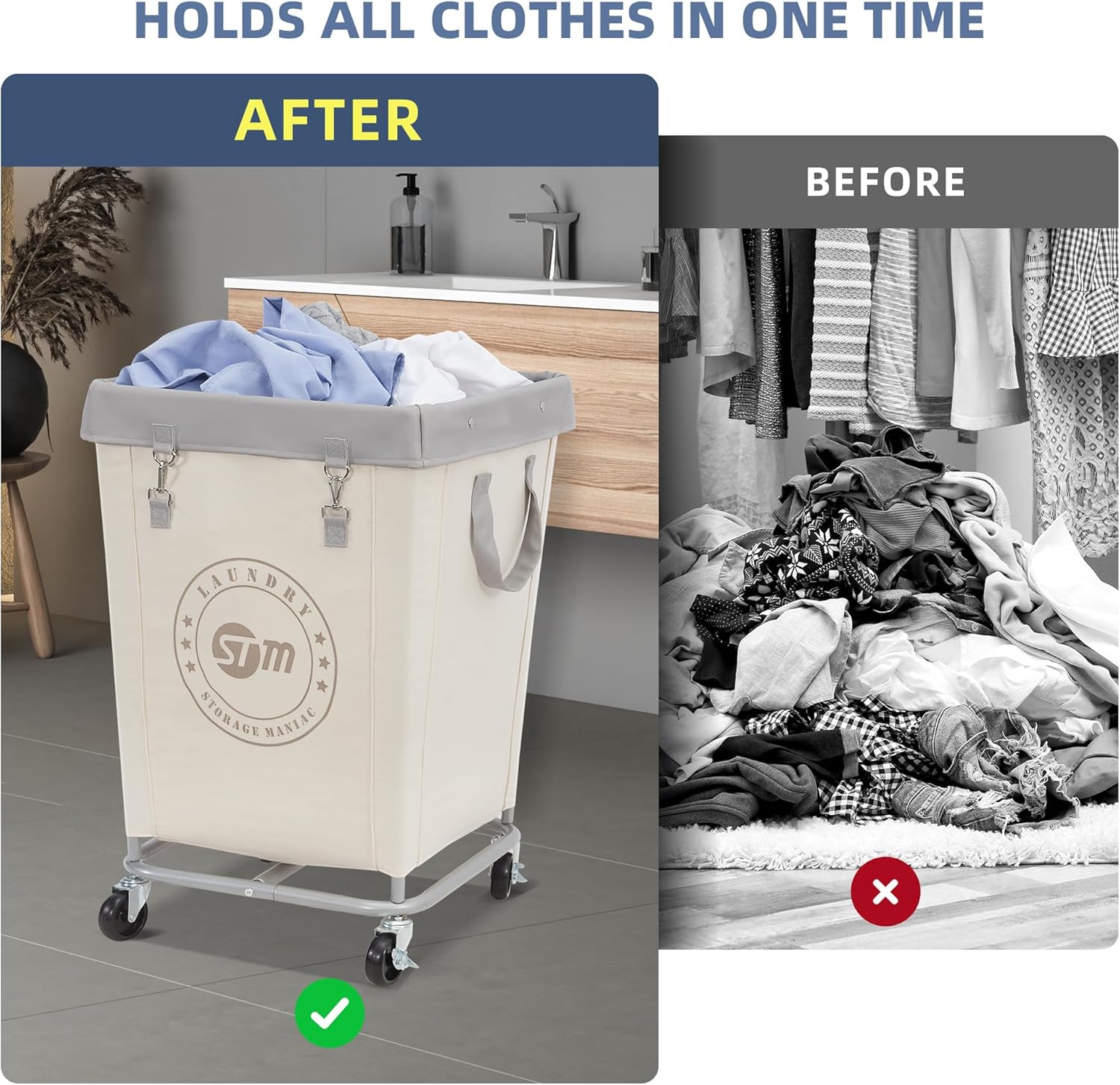 STORAGE MANIAC Commercial Laundry Hamper with Heavy Duty Steel Frame, 160 L Industrial Laundry Basket Cart with Wheels for Hotel, Home, Laundry Room, 17.72''L x 17.72''W x 30.91''H, Medium Beige