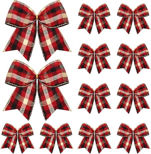 Jetec 12 lazos de Navidad a cuadros decorativos de 6 pulgadas, lazos a cuadros de Navidad, corbatas, coronas y adornos para guirnalda de árbol de