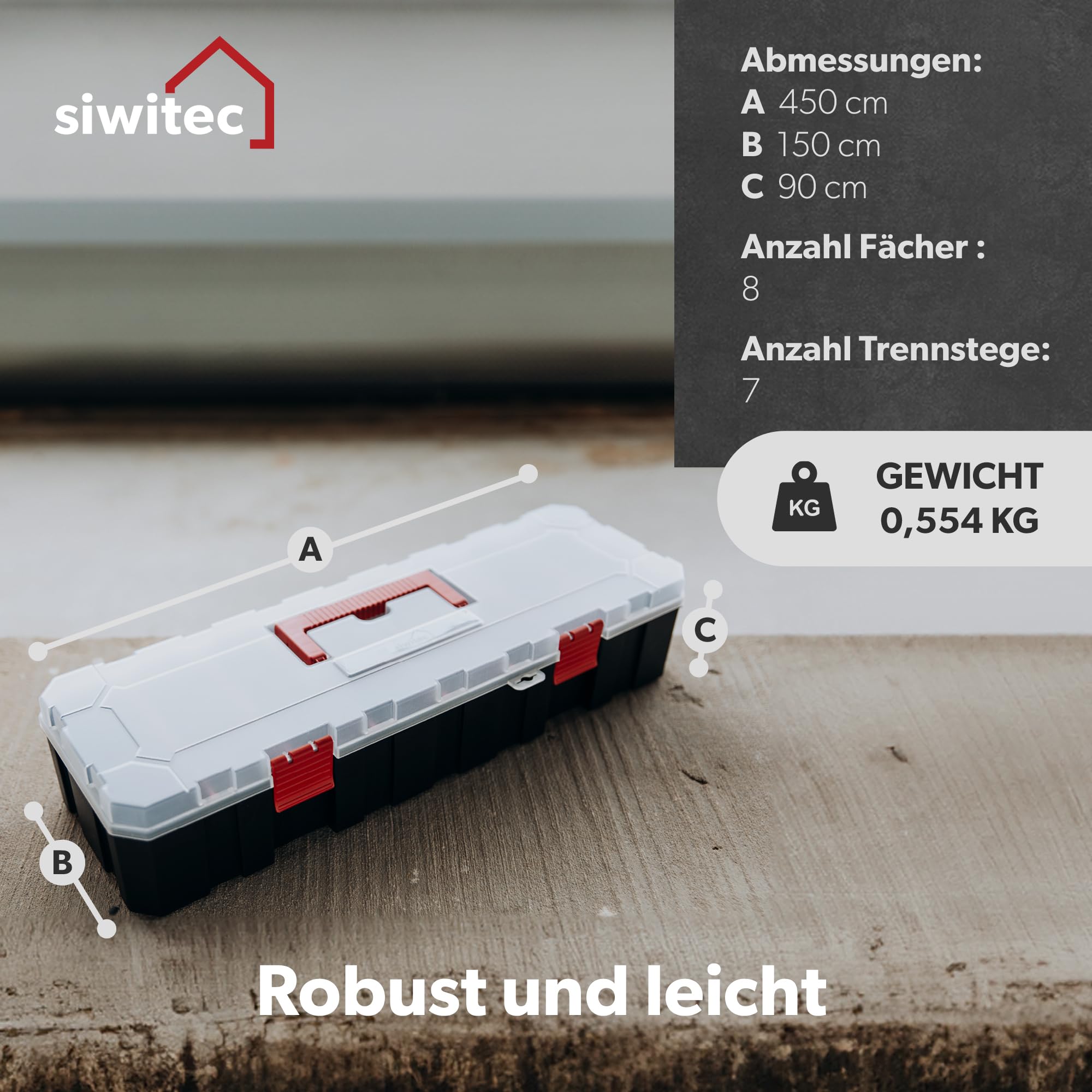 Siwitec Sortimentskasten 8 Fächer 7 Trennstegen Werkzeug Organizer Kunststoff 450x150x90 mm