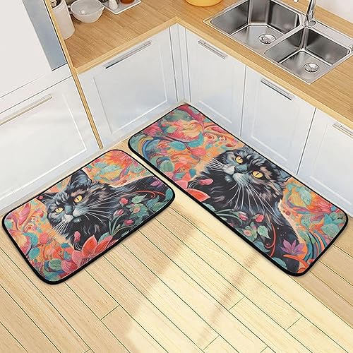 Miniatura 2 de Painting Black Cat Kitchen Mat 2 Pcs Set, Low Pile Kitchen Rugs Cushioned Water Absorbent Washable Floor Mats for Kitchen Sink Laundry Room