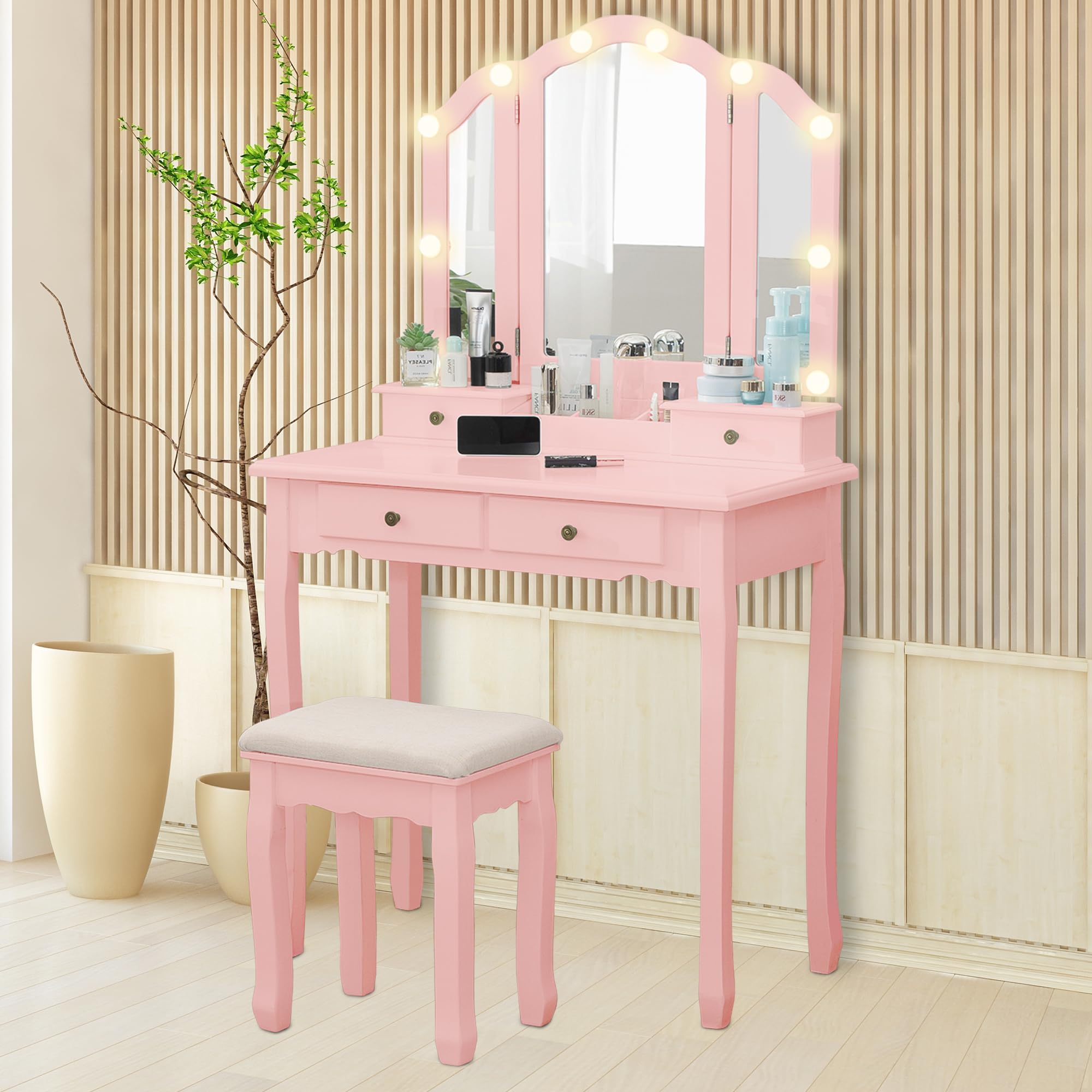 LilyFantasy Vanity Table, Makeup Vanity Table with Lighted Mirror, Vanity Set with Padded Stool, Tri-Fold Bedroom Vanity, 4 Drawers, 2 Open Compartments, Pink Finish