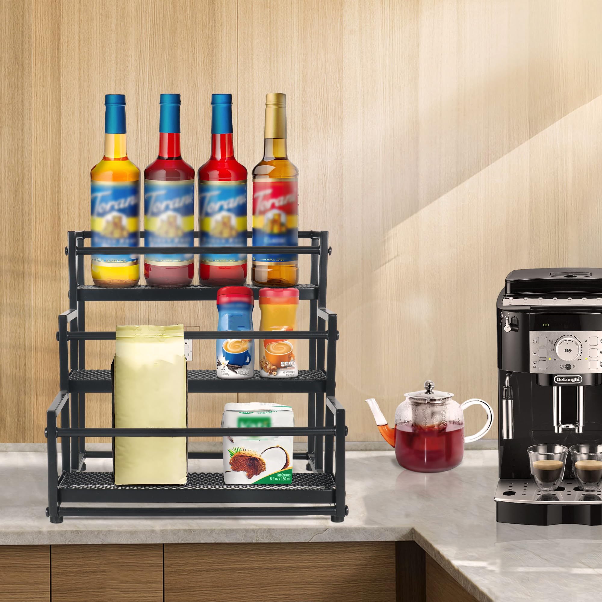 Alyoen Étagère à sirop de café à 3 étages pour sirop, vin, Vinaigrette, 12 Bouteilles de sirop de café, étagère à épices, étagères à vin pour Plan de Travail, Cuisine, Station de café