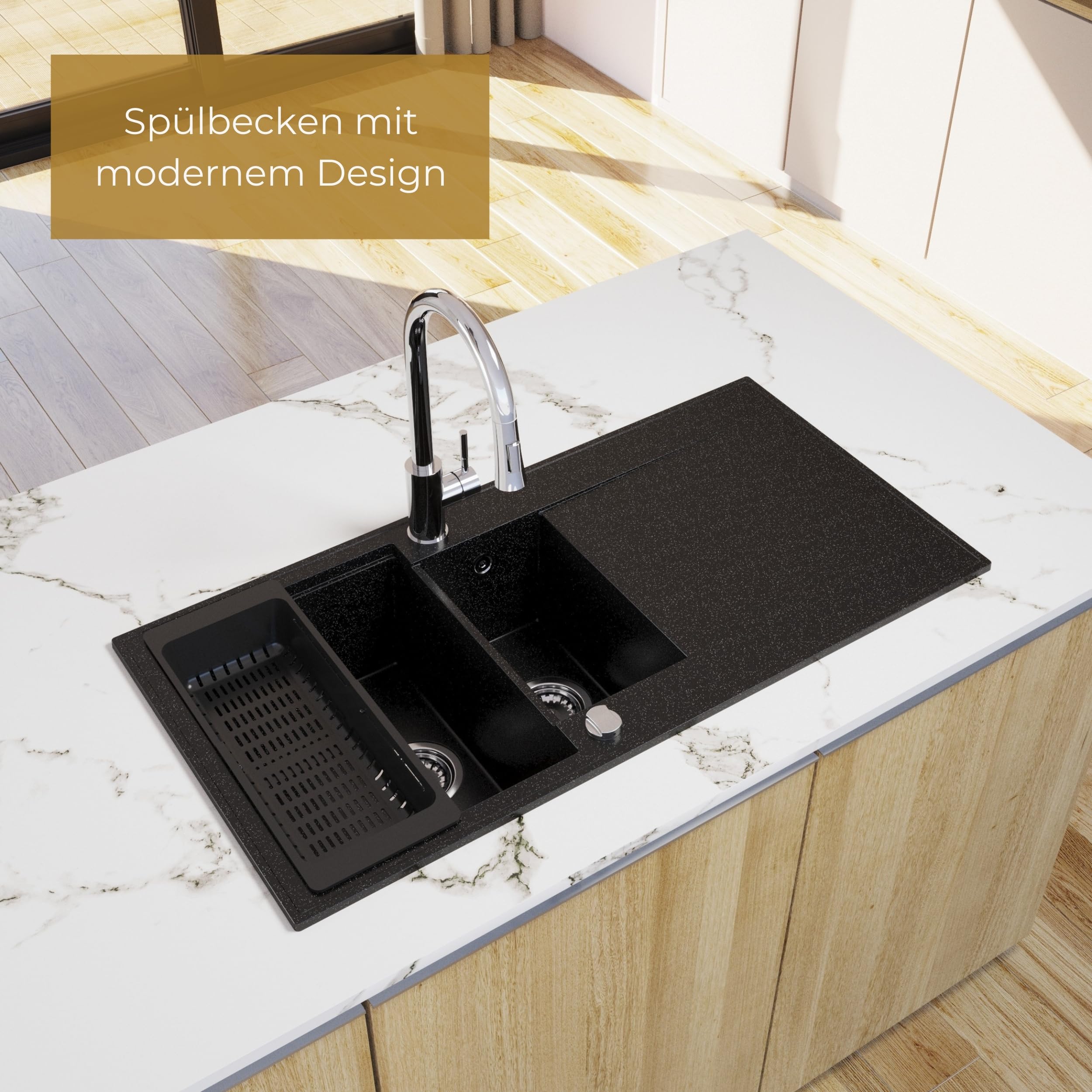 SINK QUALITY Spülbecken beige 100x50 cm, Granitspüle 1,5 Becken, Spüle mit Siphon und Imprägniermittel, Küchenspüle ab 60er Unterschrank