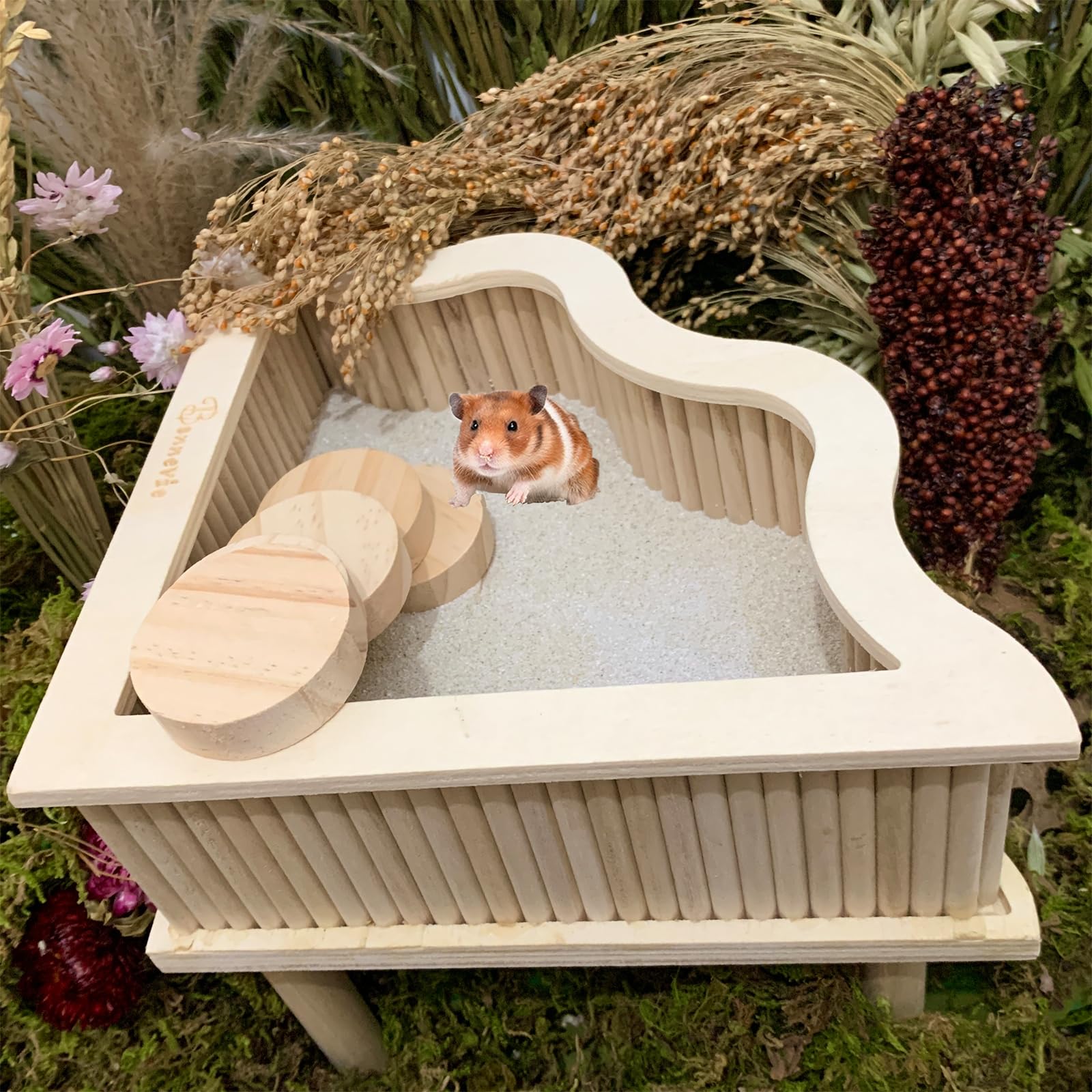 Bonnevie Wooden Sand Bath Container with Ladder and Stilts for Hamster Large Substrate Container Dust Bath Box Digging Sand Container Hamster Bathtub Toilet for Gerbil Dwarf Syrian Hamster Rat Chinchi