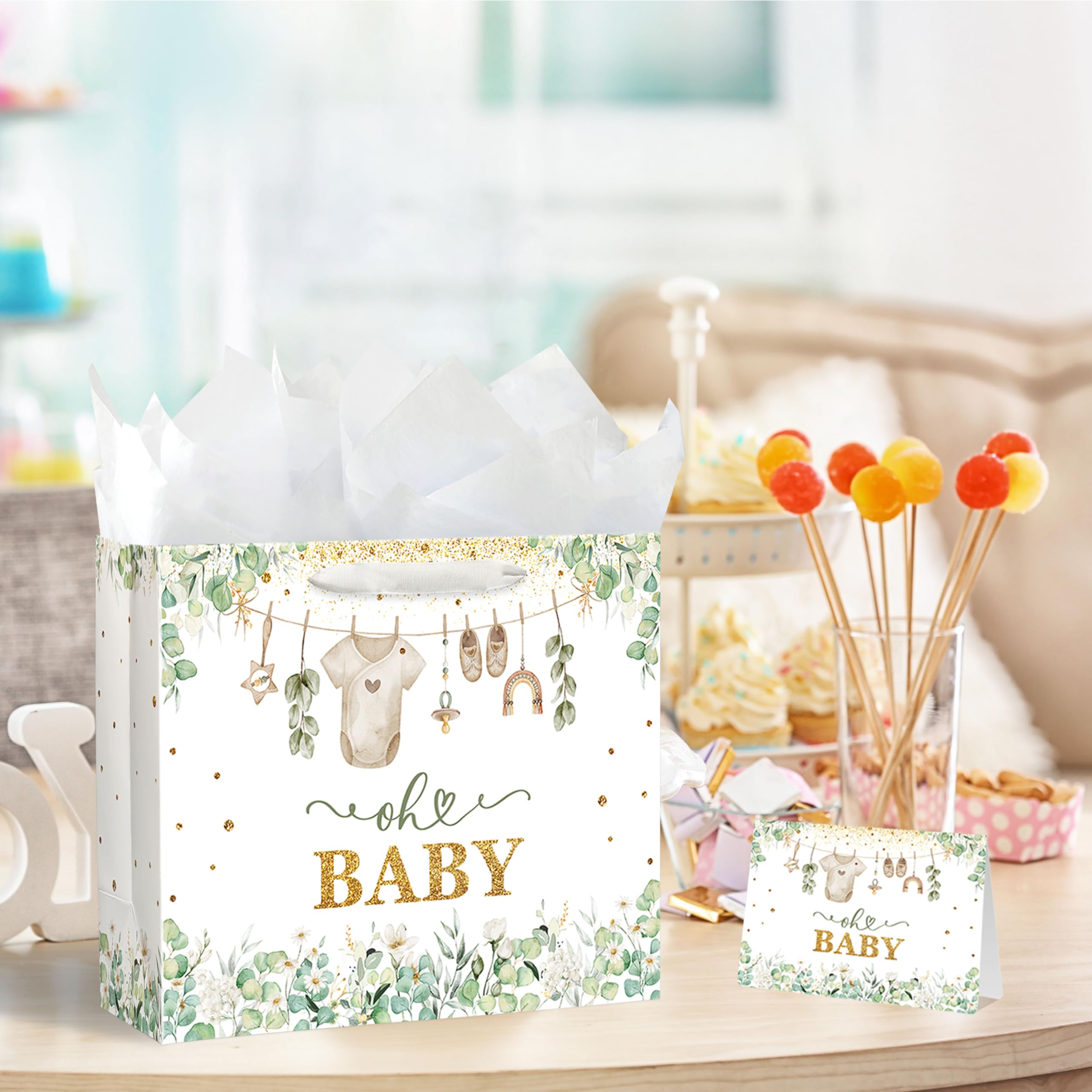 Yusenguan 13" Large Baby Gift Bag with Tissue Paper, Greeting Card and Handle for Baby Shower Boys Girl's Kid's Birthday Parties (Green)