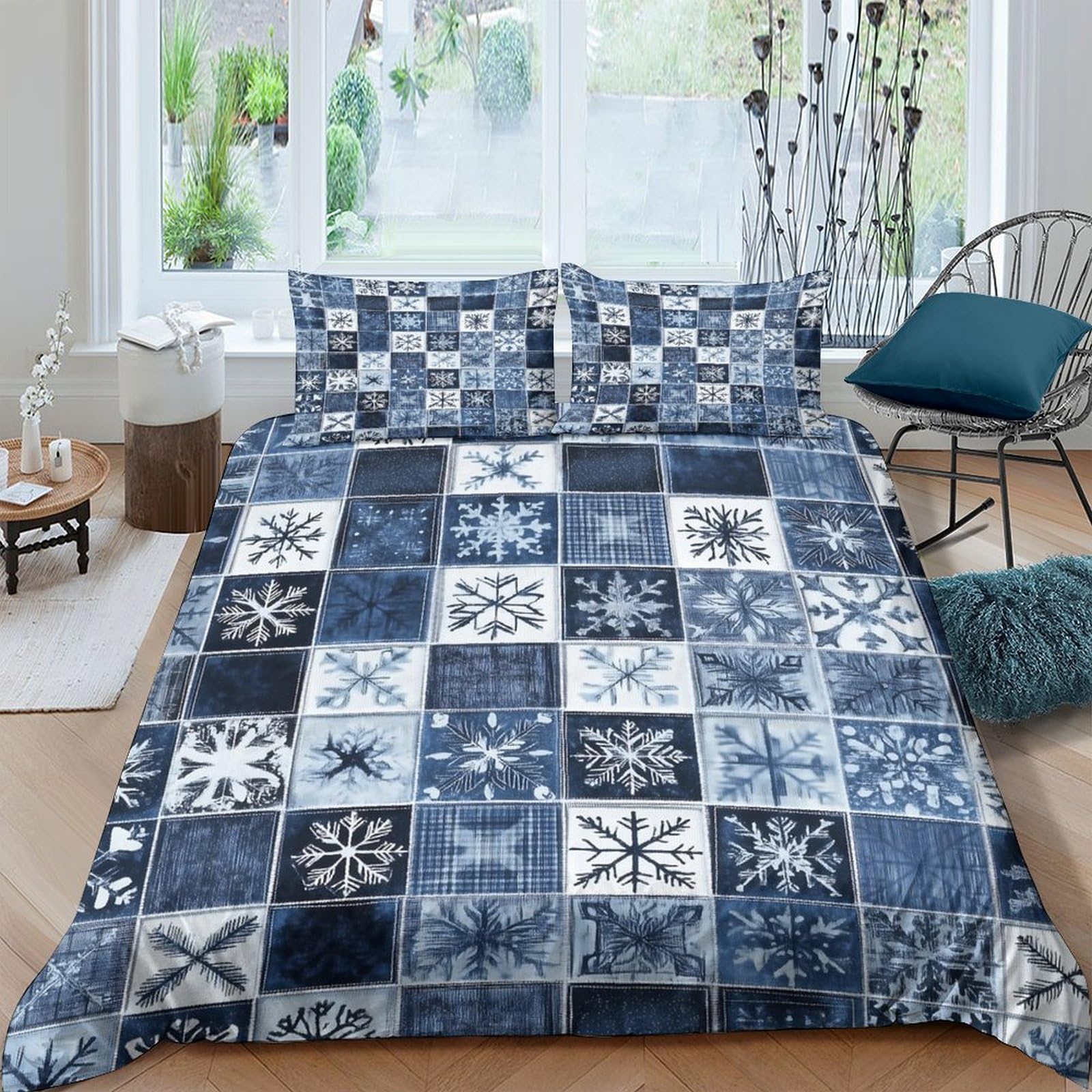 Ctjqhvkz Style-7 3D Printed Nordic Snowflake Fitted Sheet Microfiber Blue Patchwork Mattress Cover For Bedroom Guest Room Decor Single（135X200cm）