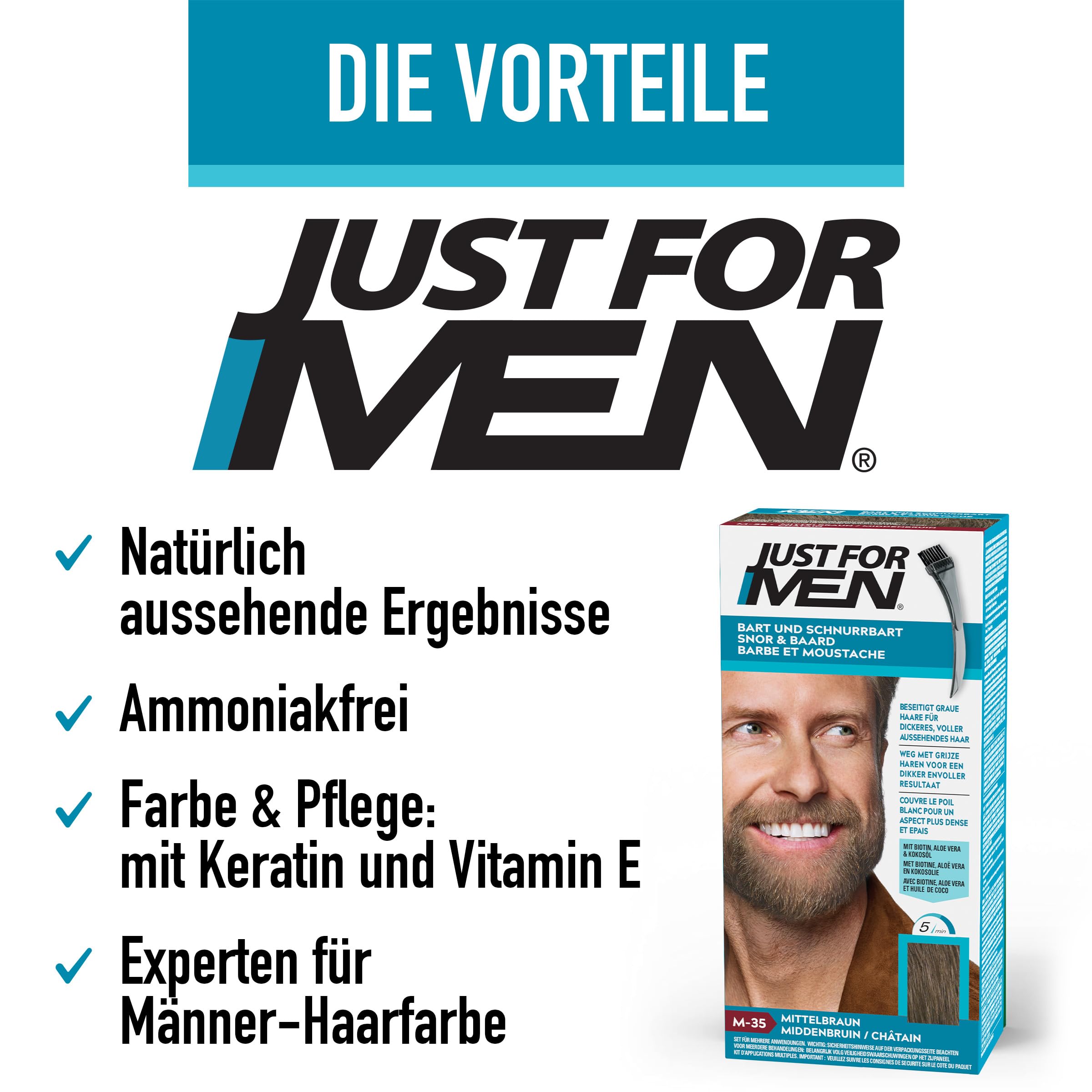 Just For Men Bart Und Schnurrbart, Bartfarbe, Bart Tönung Für Männer, Einfache Anwendung, Eliminiert Graue Haare, Für Ein Volleres, Natürliches Aussehen, Mittelbraun (M35), 3er Pack (3 x 28g)