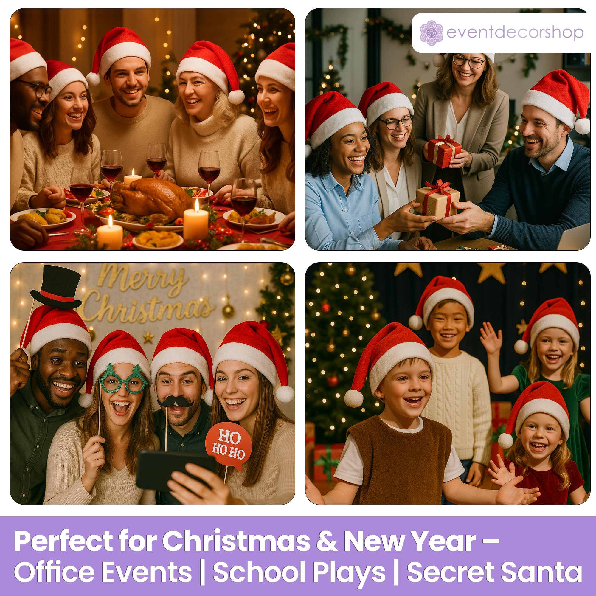 Event Decor Shop 100 sombreros de Papá Noel para adultos y niños, sombreros clásicos de Navidad de terciopelo rojo, accesorios de disfraz de fiesta de Navidad de felpa suave, decoraciones a granel de