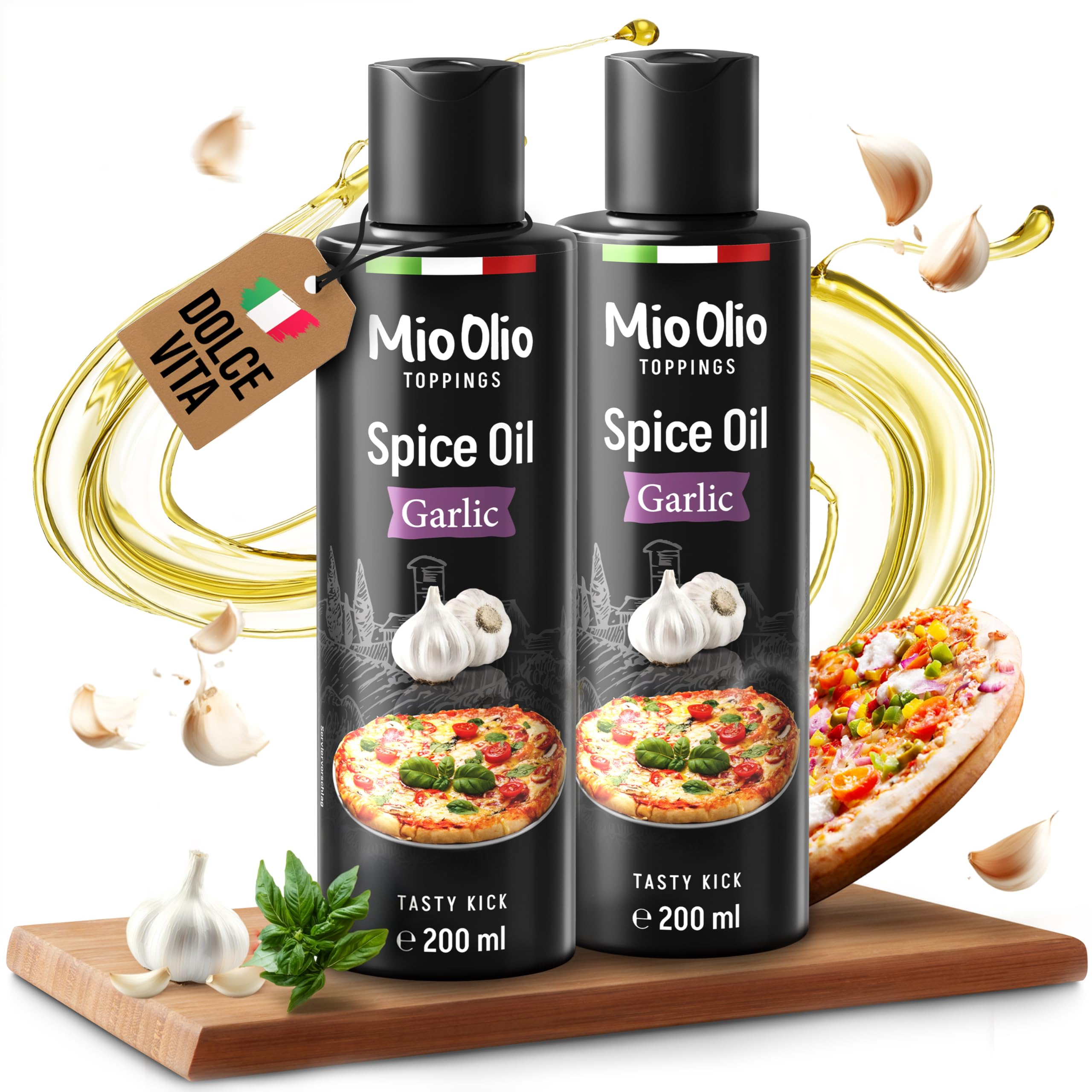 MioOlio 2x 200 ml Knoblauchöl – ideales Koch- und Bratenöl – für Mama und Papa – im Haus oder im Restaurant reduziert da