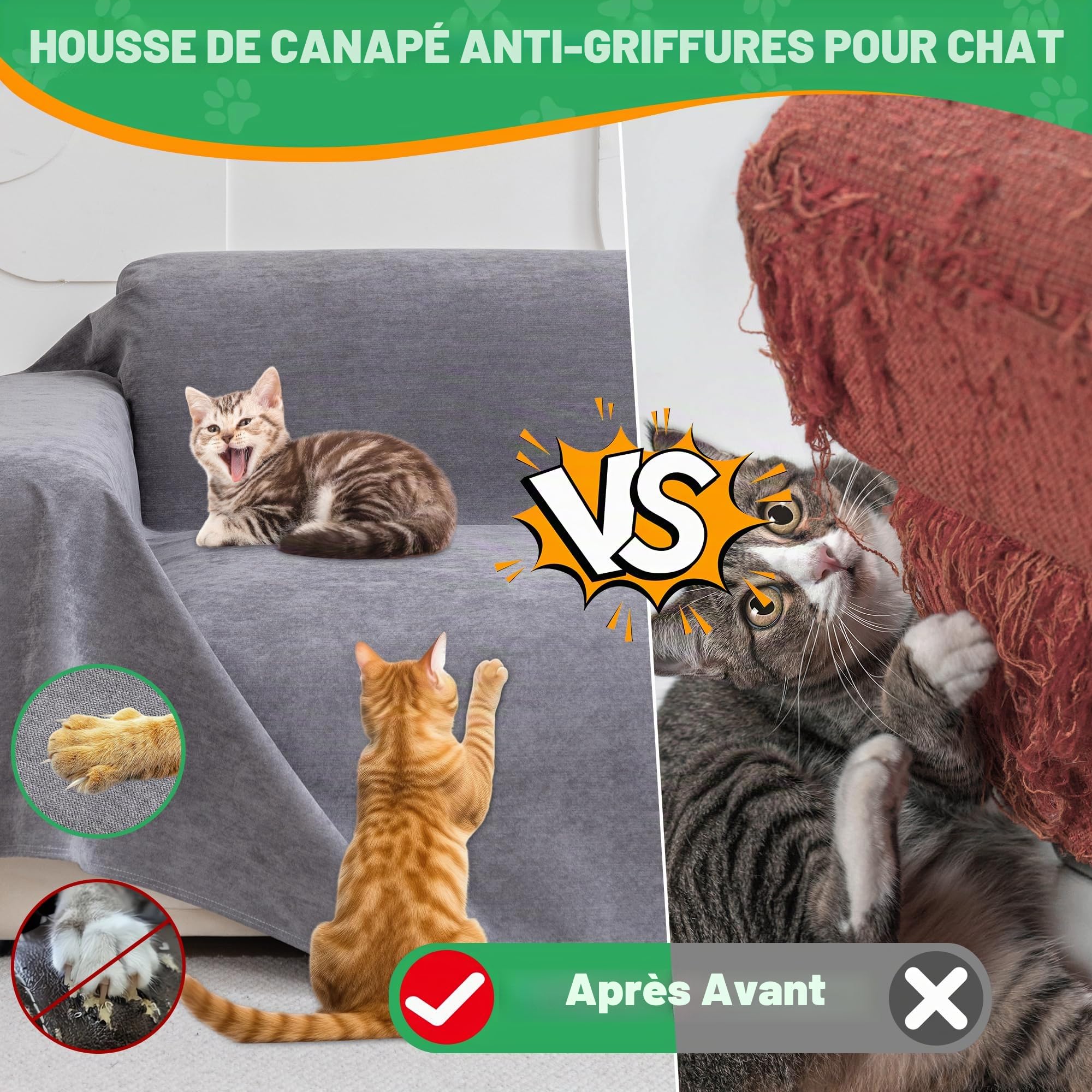 Loiion Protection Canapé Chat, Anti Griffe Chat Canapé, Protege Canape Impermeable, Couvre Canapé 3 Places, Sofa Cover Antidérapante, Couvre Canapé pour Chiens Chats Animaux, Gris, 340x180cm