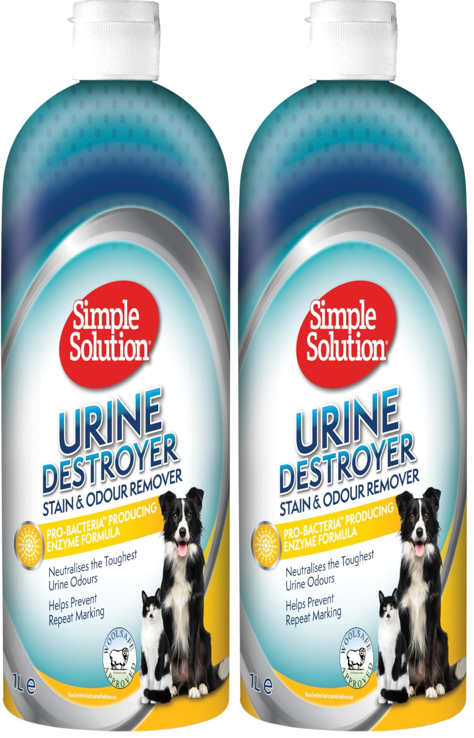 Simple Solution Detergente enzimatico Urine Destroyer, rimuove le macchie e gli odori degli animali domestici con potere pulente dei pro-batteri - 1 litro (Confezione da 2)