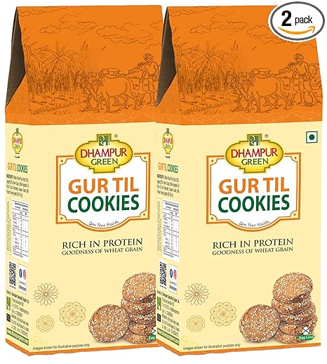 Dhampure Speciality Jaggery Gur Til Cookies Biscuit, 400g(2 x 200g), Pure Gur Gud Bakery Cookies Biscuit, Healthy Snacks with No Added Sugar for Diet