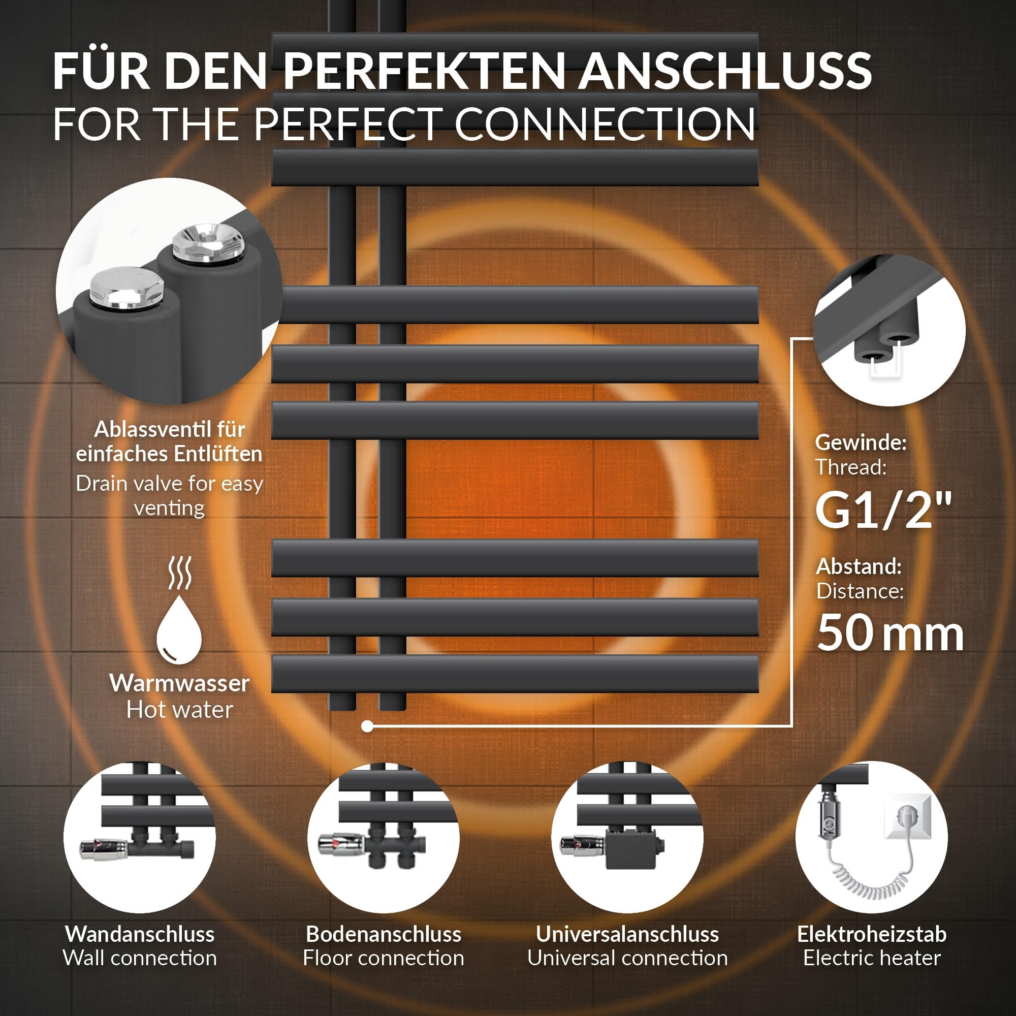 LuxeBath Radiateur Salle de Bain Iron EM 600x1000 mm Anthracite Design Panneau Raccordement Latéral en Bas Sèche-Serviettes Vertical Appareil de Chauffage Eau Chaude Mural Émetteur de Chaleur en Acier