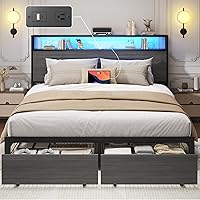 Lifezone Queen Bed Frame with Storage Headboard, Drawers, USB Charging Station & LED Lights - Noise-Free, No Box Spring, Easy Assembly, Rustic Grey