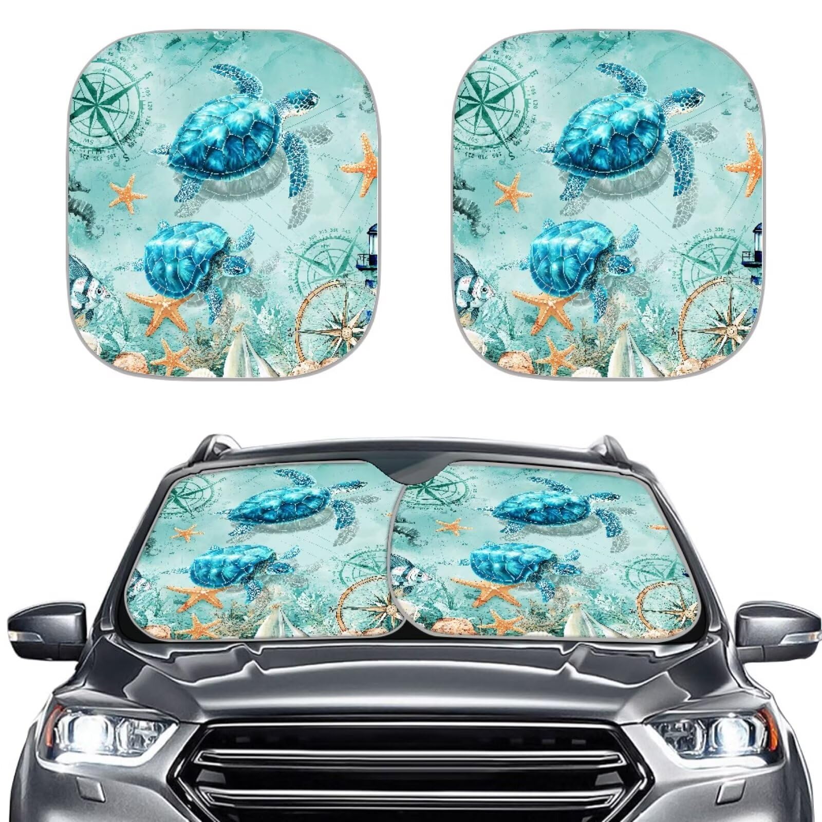 Aplkyhs Vintage Sea Turtle Car Windshield Sunshade 2 Piece Universal Front Window Sun Shade Foldable UV Rays Sun Visor