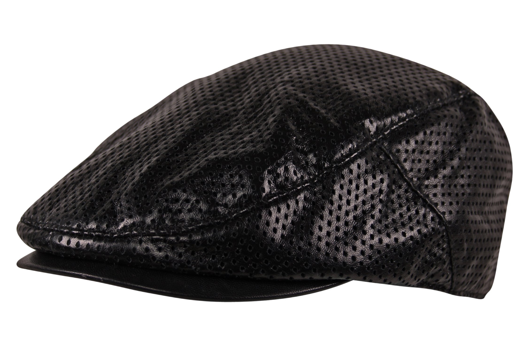 Itzu Men's Black (Perforated) Flat Cap Faux Leather Hat Dotted Check Pre Curved Lined Gatsby Golf Newsboy